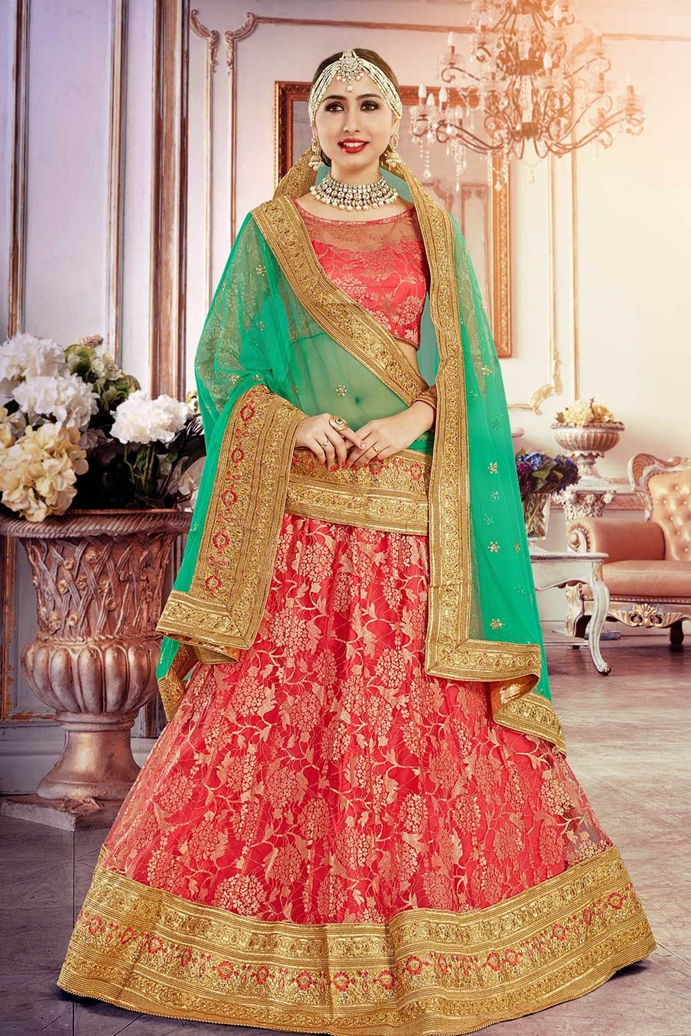 Photo of Red and Gold Hanging Lehenga with Parrot Green Dupatta