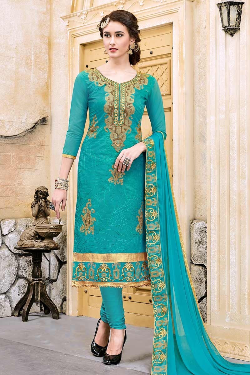 Blue Cotton Churidar Salwar Suit 105157