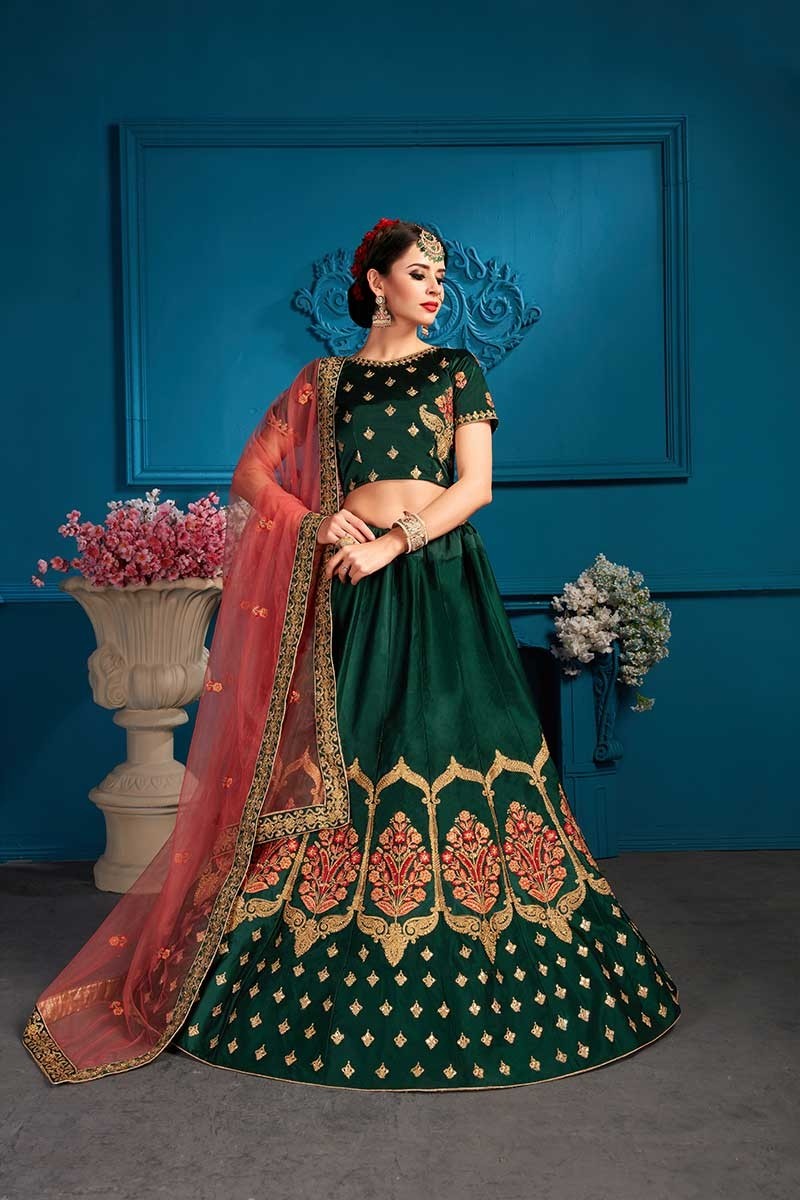 Dark Green Colored Georgette Party Wear Lehenga Choli - Featured Product