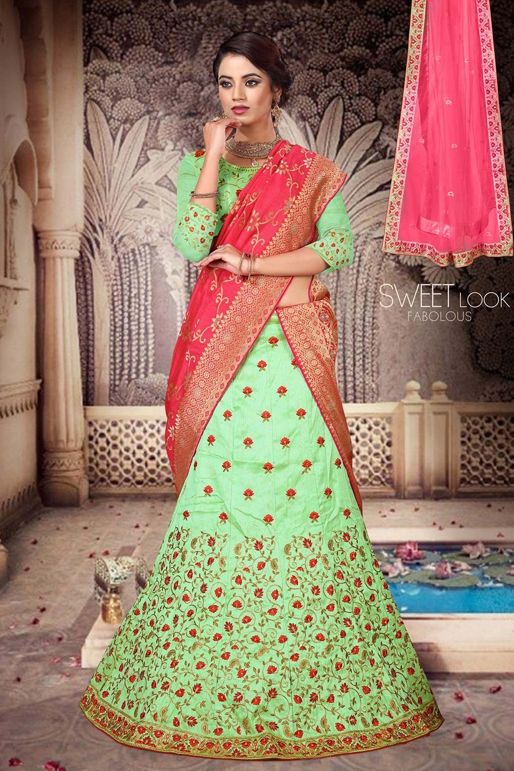 Light Green Pure Silk Sangeet Bridal Lehengas Online | Bagtesh Fashion