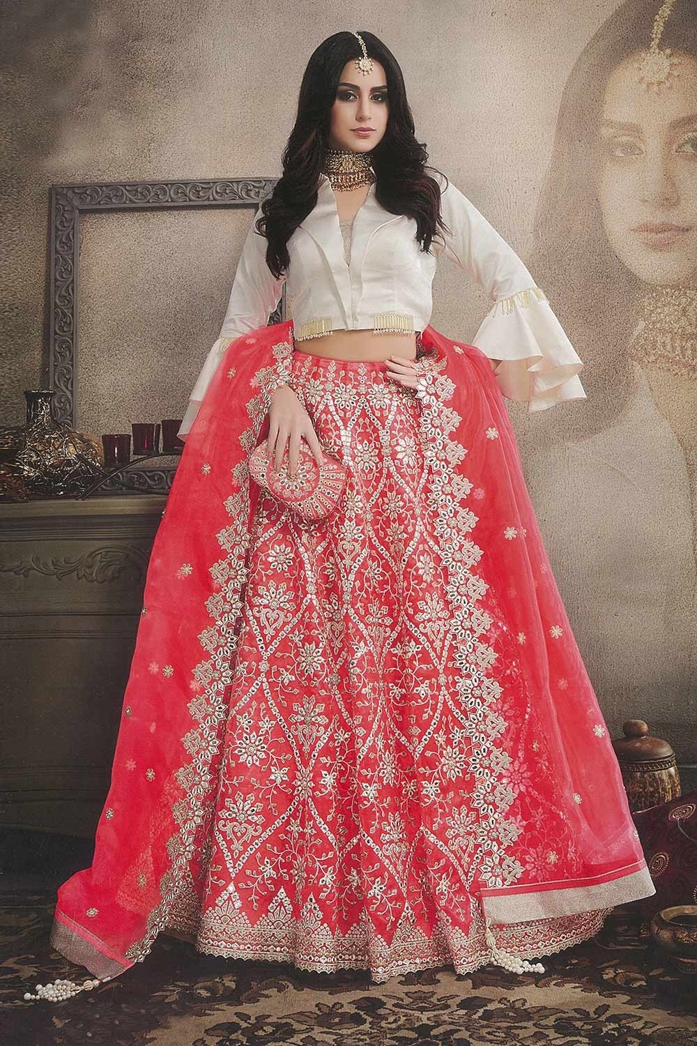 Trending pure cotton red color with embroidery work lehenga with white  blouse at Rs 1300/piece in Surat