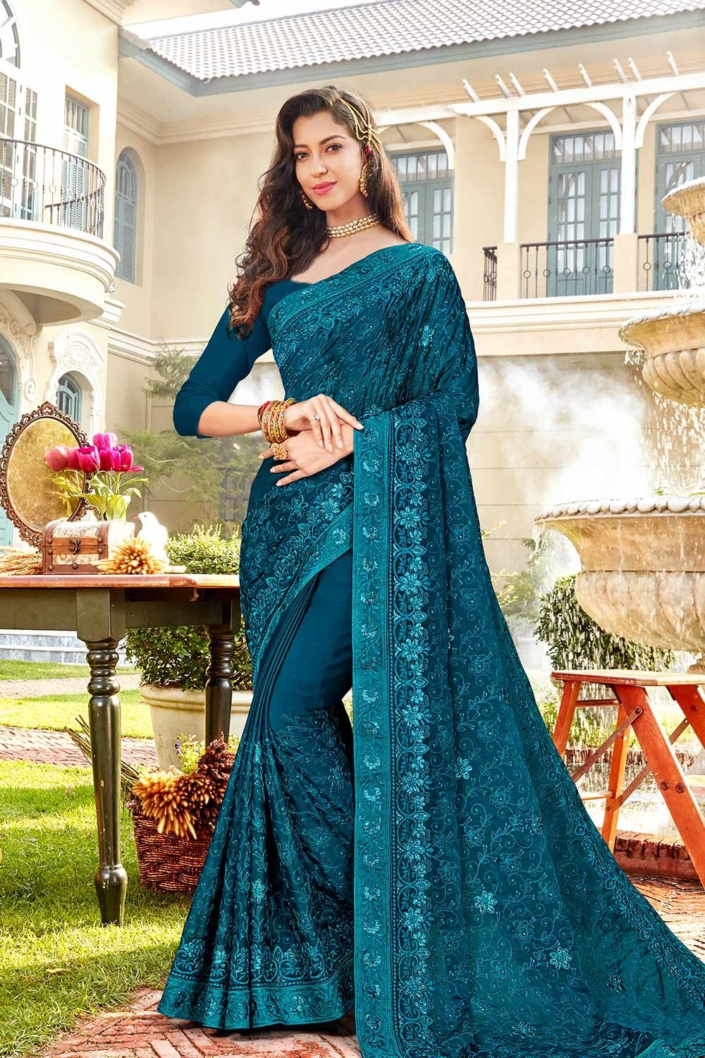 Stone Embroidered Chiffon Blue Saree