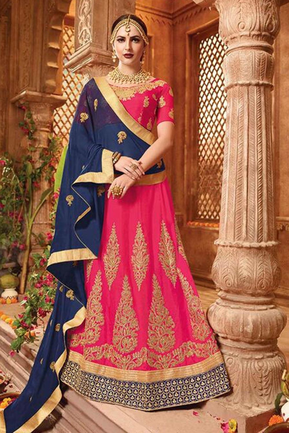 Buy BabyGlow - Fit and Flare Rose Pink Lehenga with Navy Blue Blouse and  Dupatta (2-3 Years) at Amazon.in