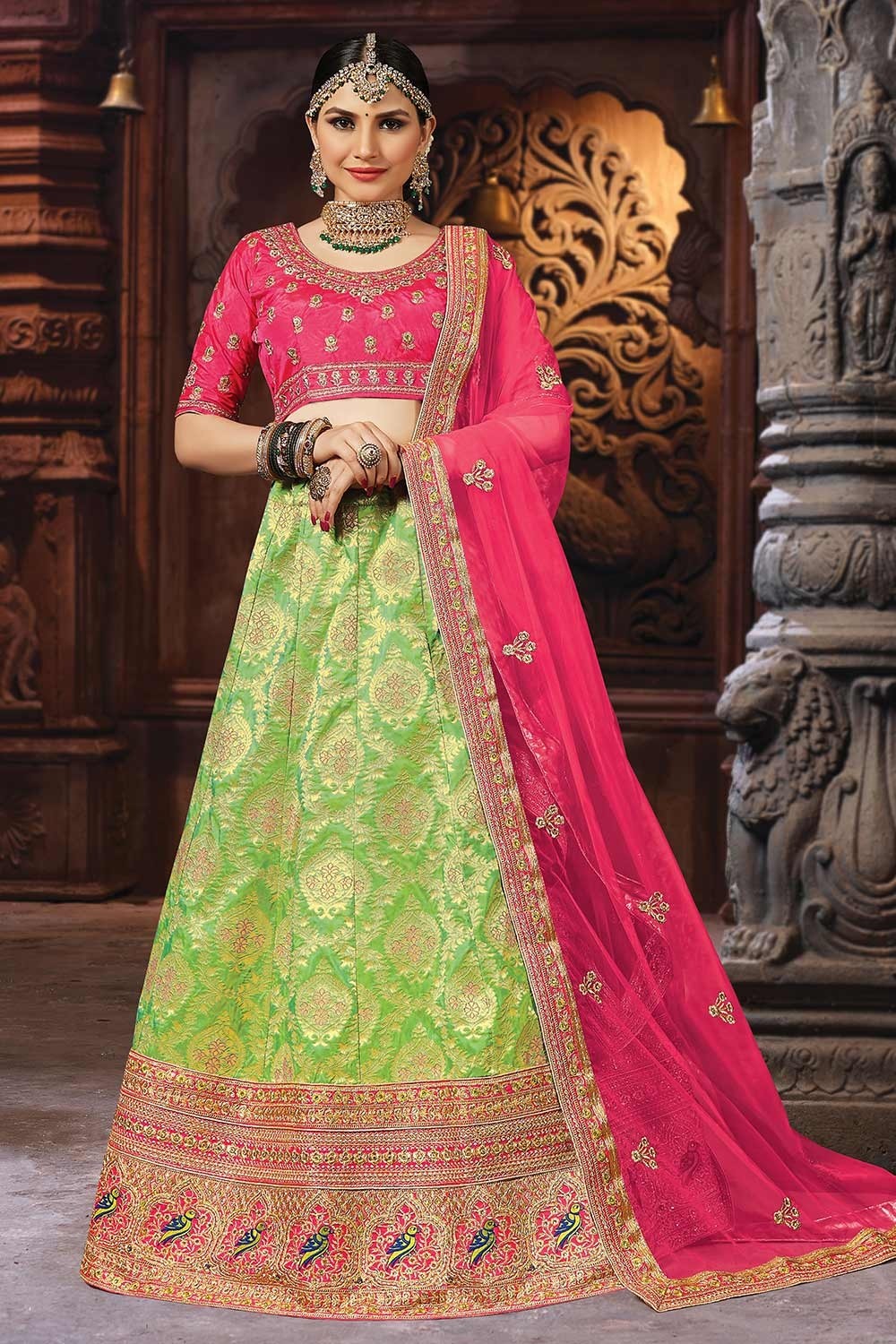 Embroidered Velvet Lehenga in Teal Green and Pink : LNJ468