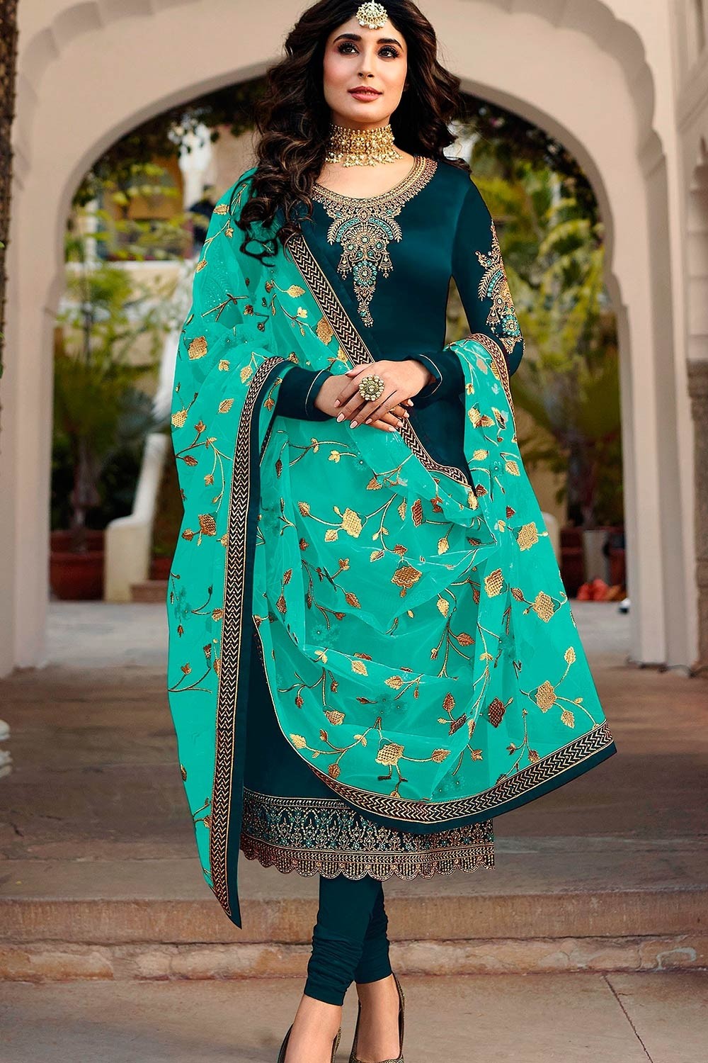 Embroidered Cotton Punjabi Suit in Dark Teal Blue : KUF15610