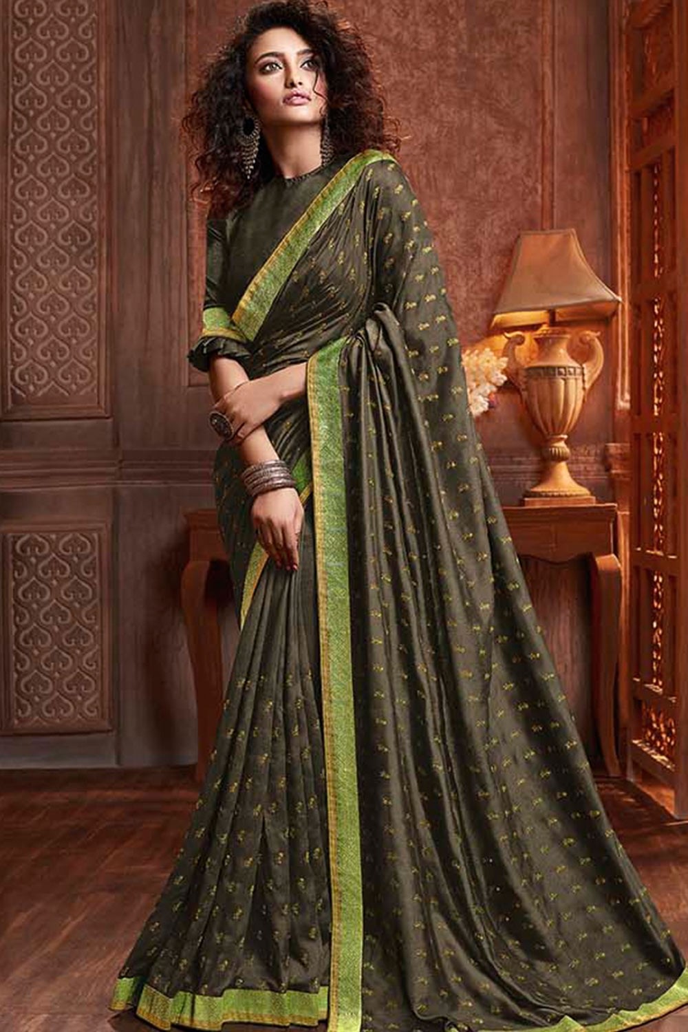 Embroidered Border Tissue Silk Saree in Olive Green : SPF9106