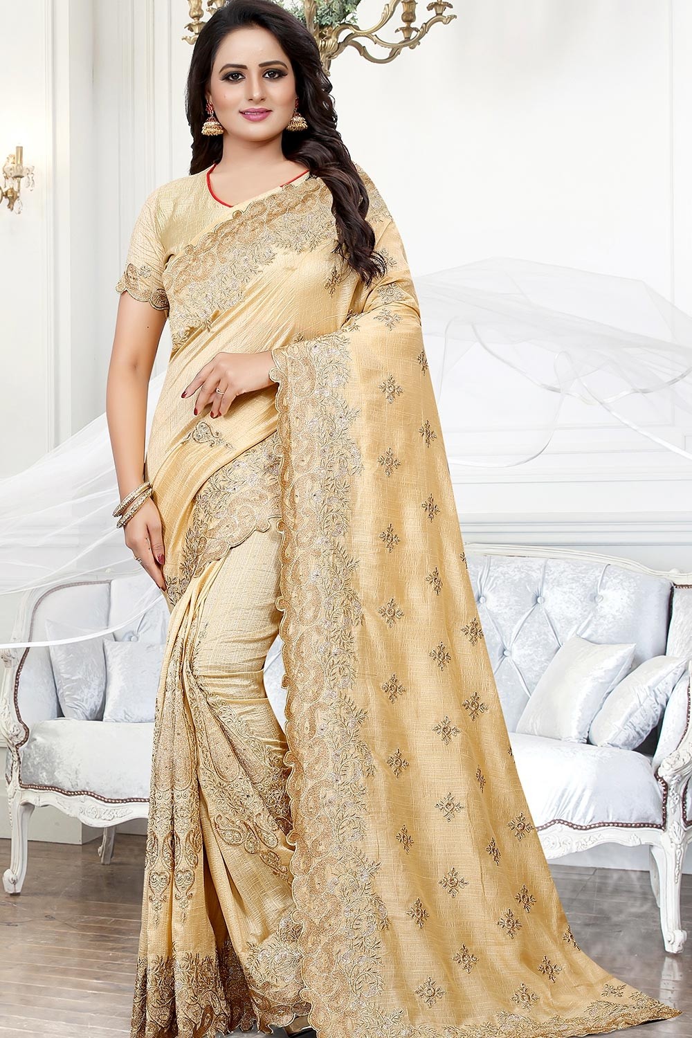 Cream Booti Satin Silk Handloom Banarasi Saree - Sacred Weaves