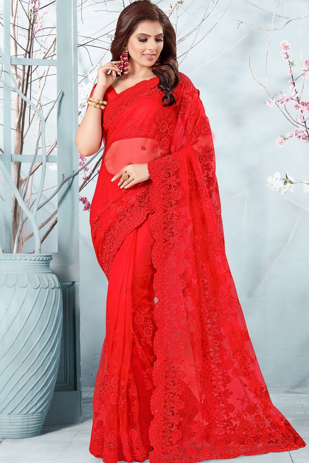 Buy Red Saree And Blouse-butterfly Net Embroidered Floral With Blouse For  Women by Aariyana Couture Online at Aza Fashions.