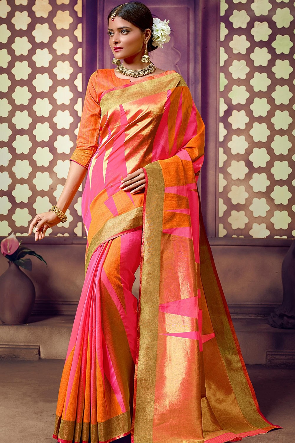 Pleasant White & Orange Pink Chiffon Saree