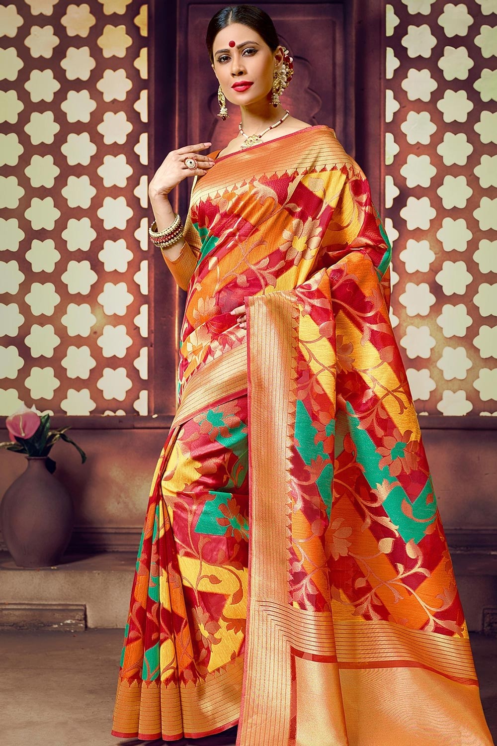 Multicolor Traditional Silk Saree In Zari Weaving