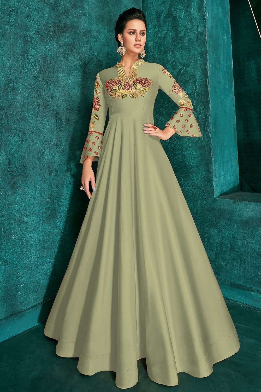 Embellished Pastel green high low party frock with a flower on the yoke,  Sleeveless at Rs 999/piece in New Delhi