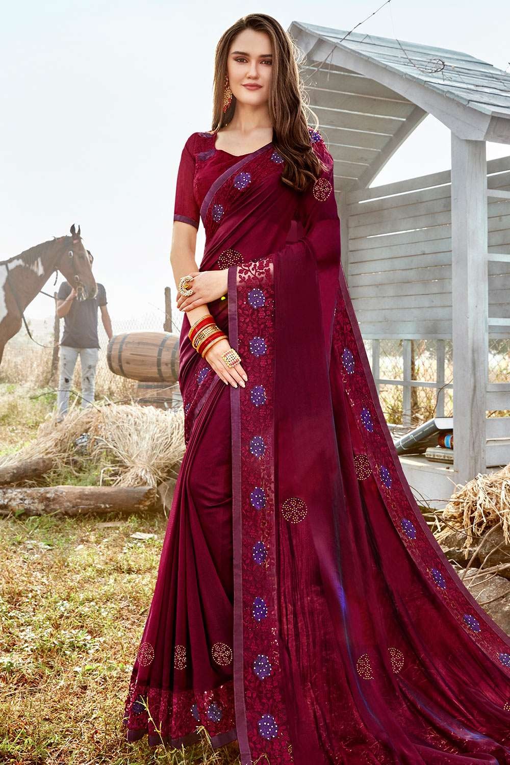 Buy Likha Wine Satin Solid Embellished and Sequined Saree with Unstitched  Blouse LIKSAR19 (Free Size) online