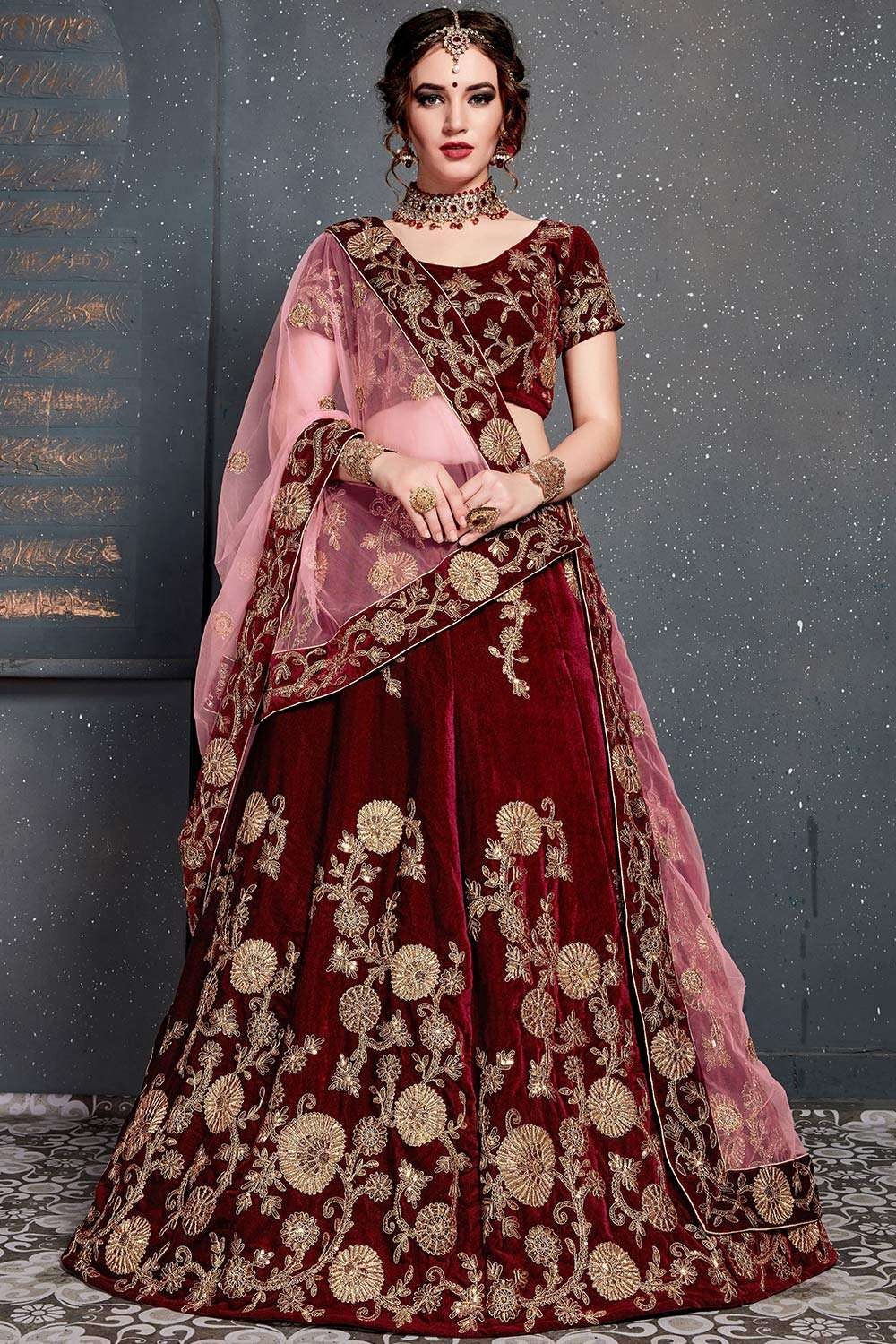 Buy Maroon Velvet Wedding Wear Embroidery Work Lehenga Choli Online From  Wholesale Salwar.