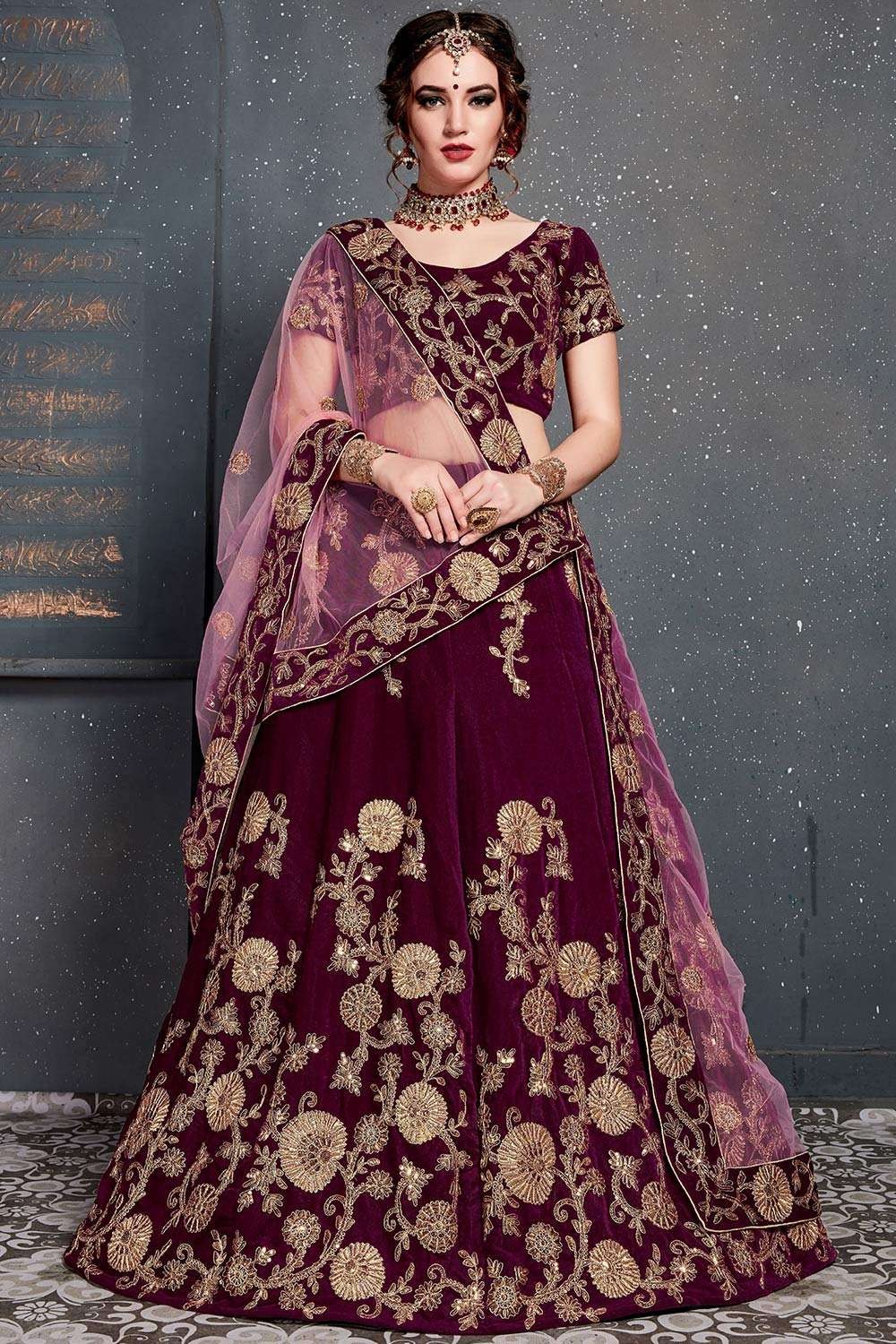 Magenta-Pink Velvet Bridal Lehenga Choli With Embellished Work And Designer  Dupatta | Exotic India Art