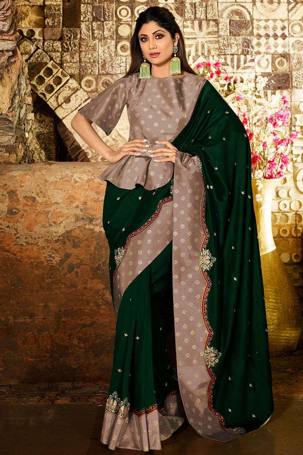 Tvis and Bliss. Dark Green and Pink Double Border Uppada Silk Saree