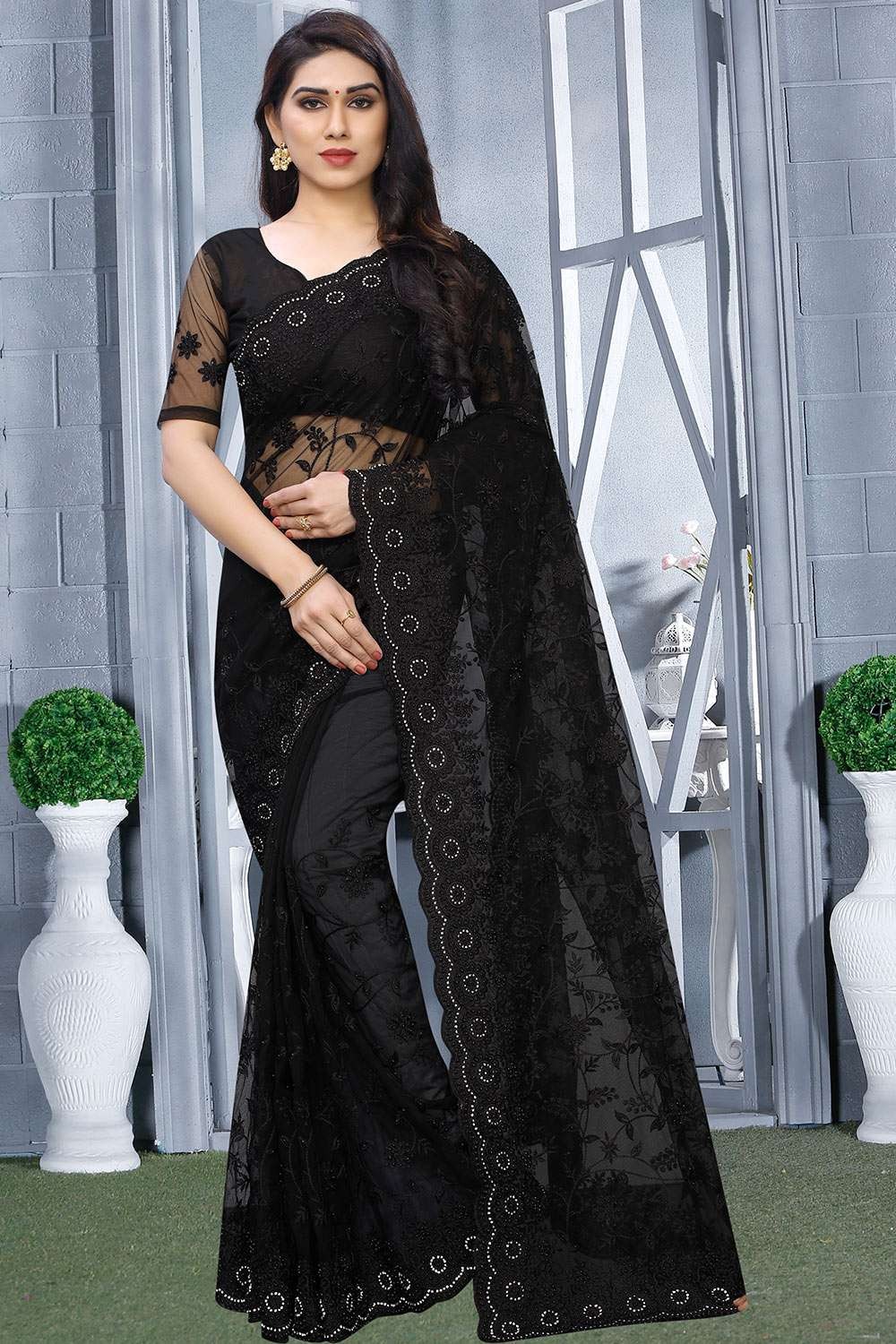Impressive Grey Heavy Lace Work Silk Party Wear Saree With Blouse