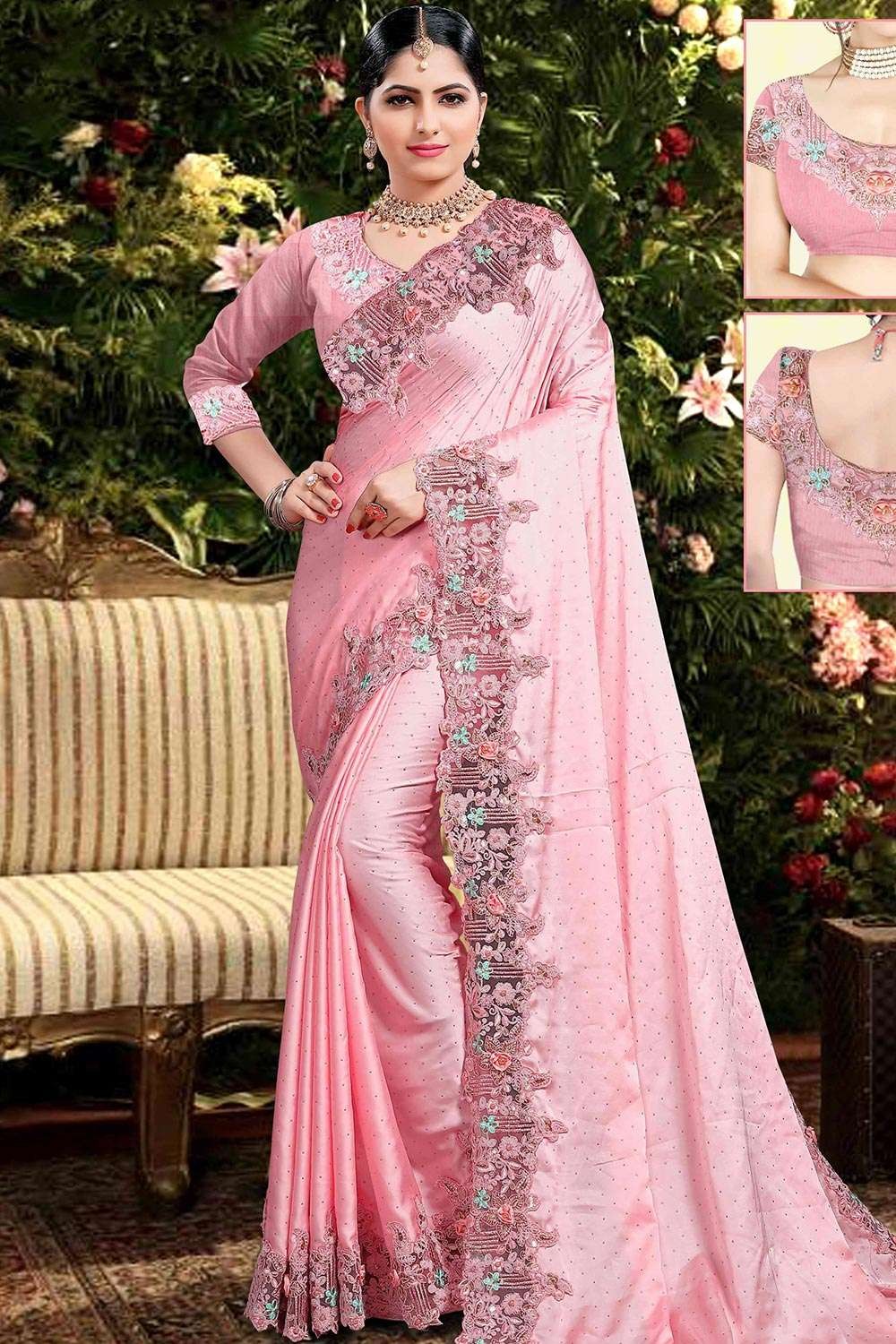 Solid Color Satin Saree in Light Pink : SECA32