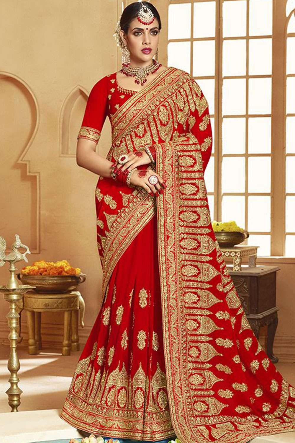 Pink,Red Colour Indian Wedding Saree in Banarasi Silk Fabric.