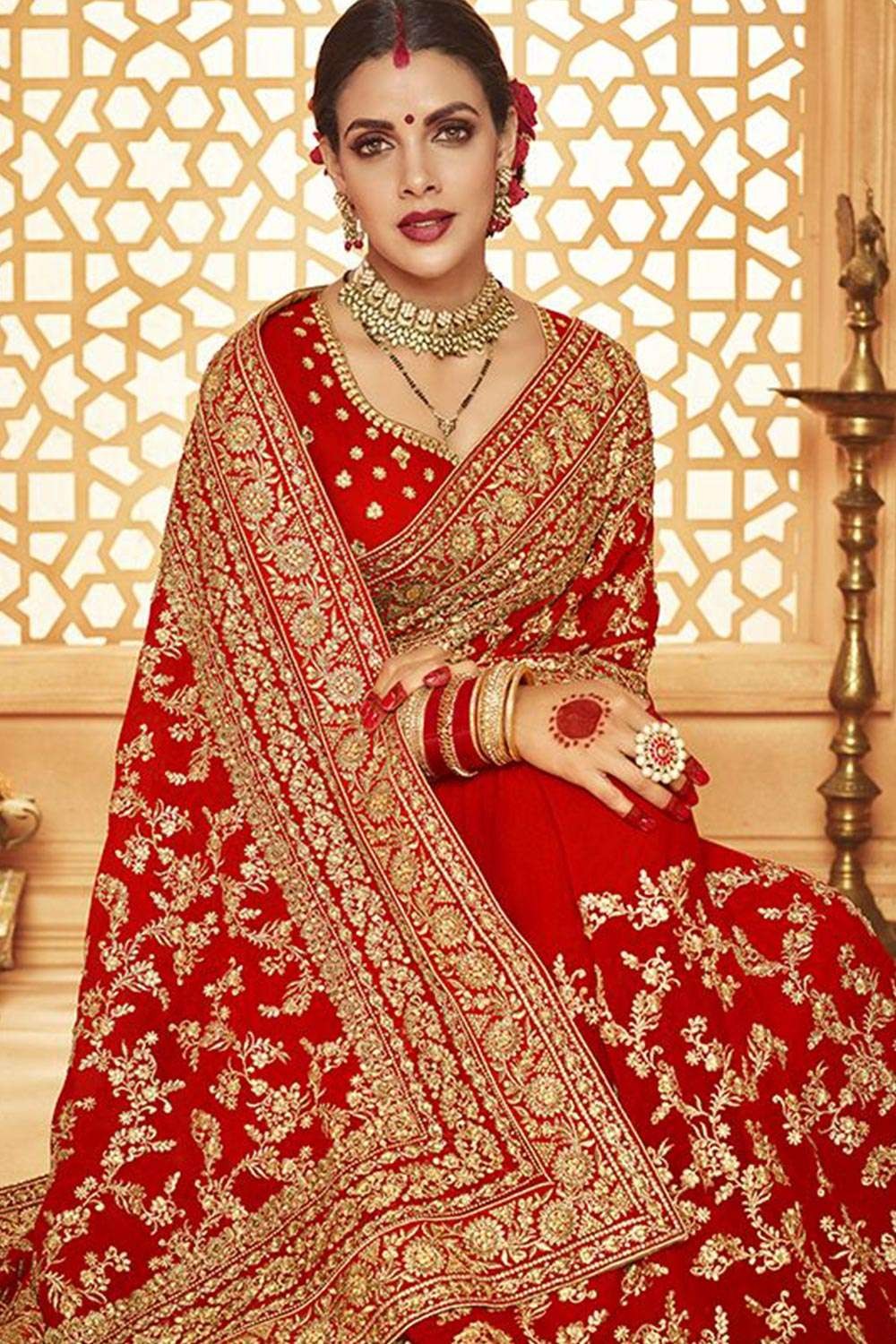 Buy Red Heavy Resham Zari Embroidered Border Work Satin Silk Designer Wedding  Saree Sari For Women at Amazon.in