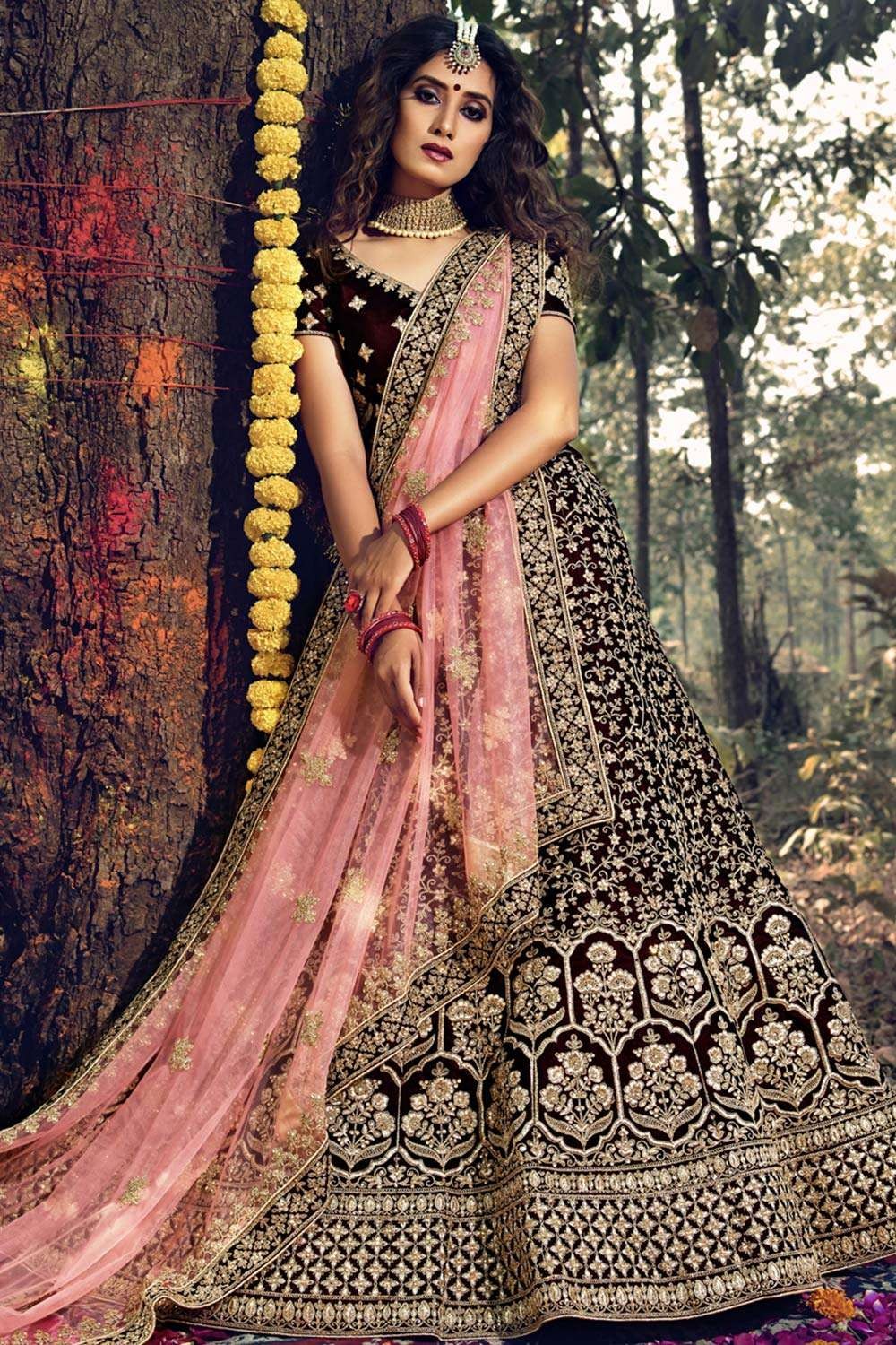 RE - Dark Maroon Coloured Taffeta Silk Embridered Work Lehenga Choli -  Featured Product