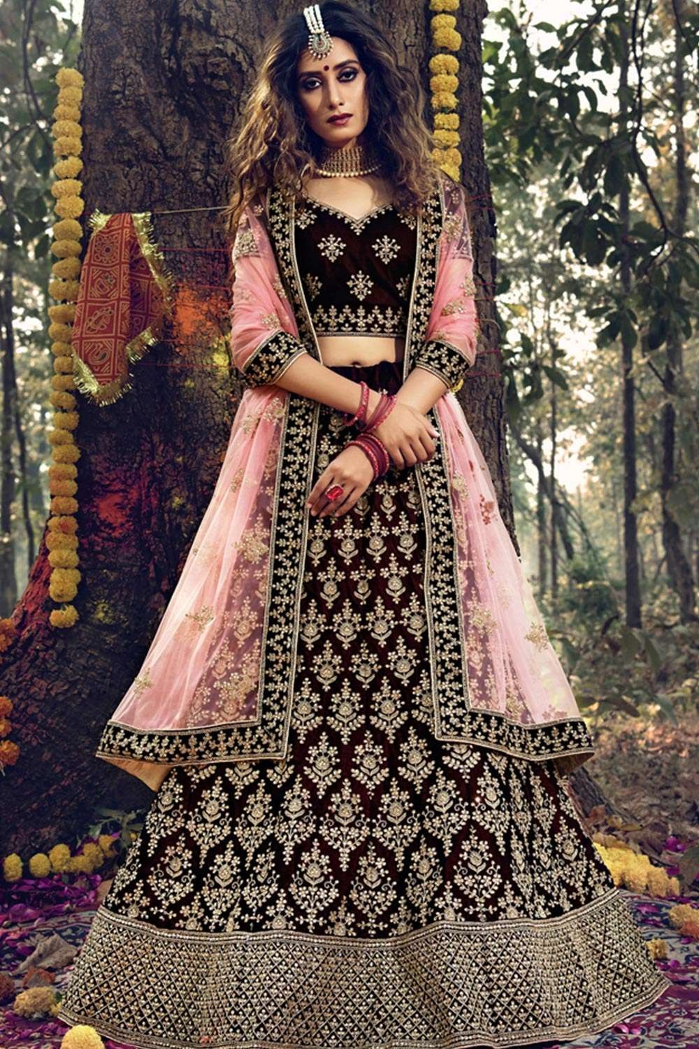 Bridal Wear Dark Maroon Velvet Bridal Lehenga Choli With Zari Embroidery,  Size: 40 To 44 at Rs 14000 in Surat