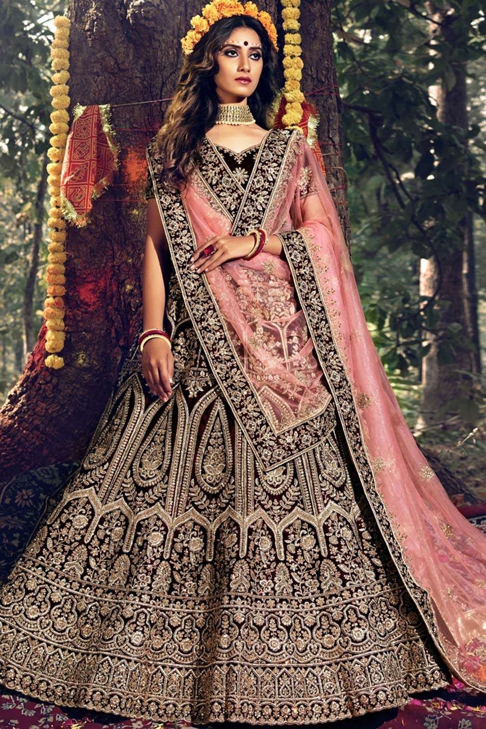 Dark Maroon Velvet Lehenga Choli Designer Indian Wedding Wear Lengha Chunri  Top | eBay