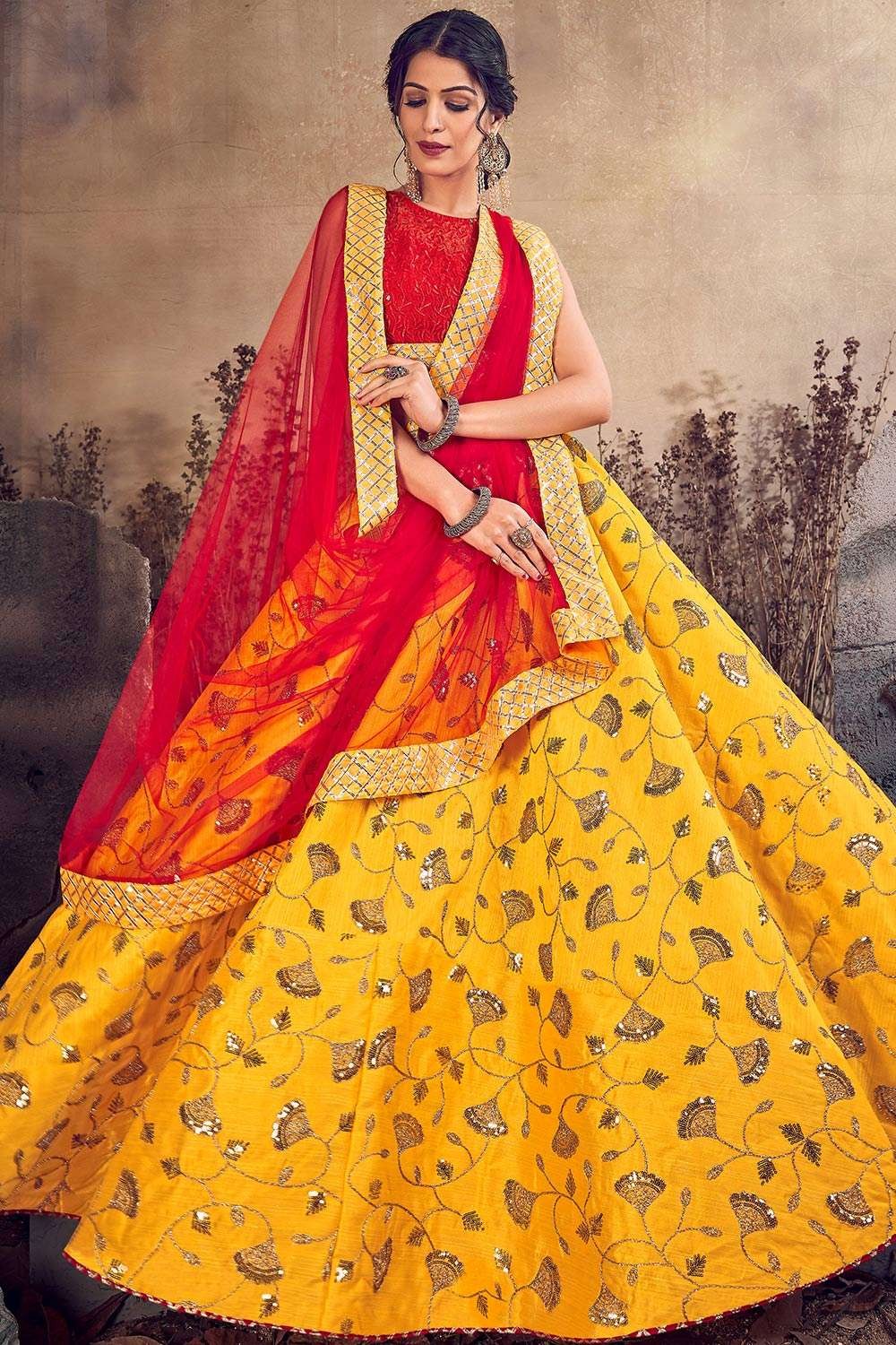 Women's Mustard Color Satin Digital Print Crush Designer Lehenga Choli