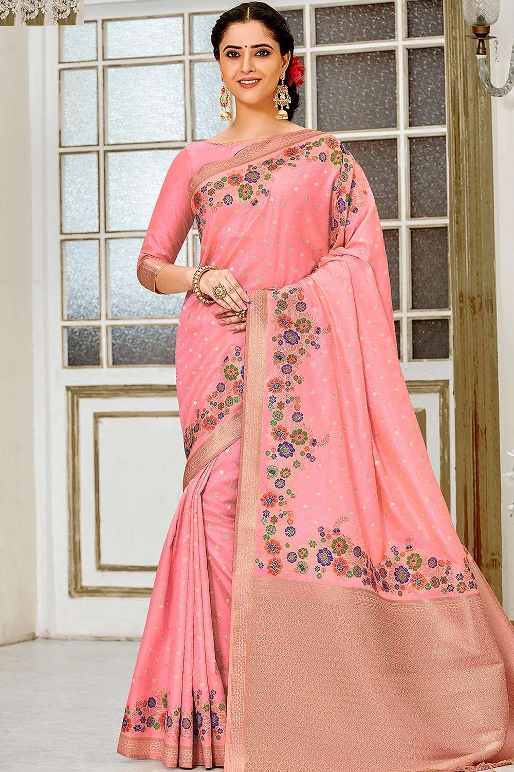 Hot Pink Handloom Pure Georgette Banarasi Saree With Kadhwa Jangla –  WeaverStory