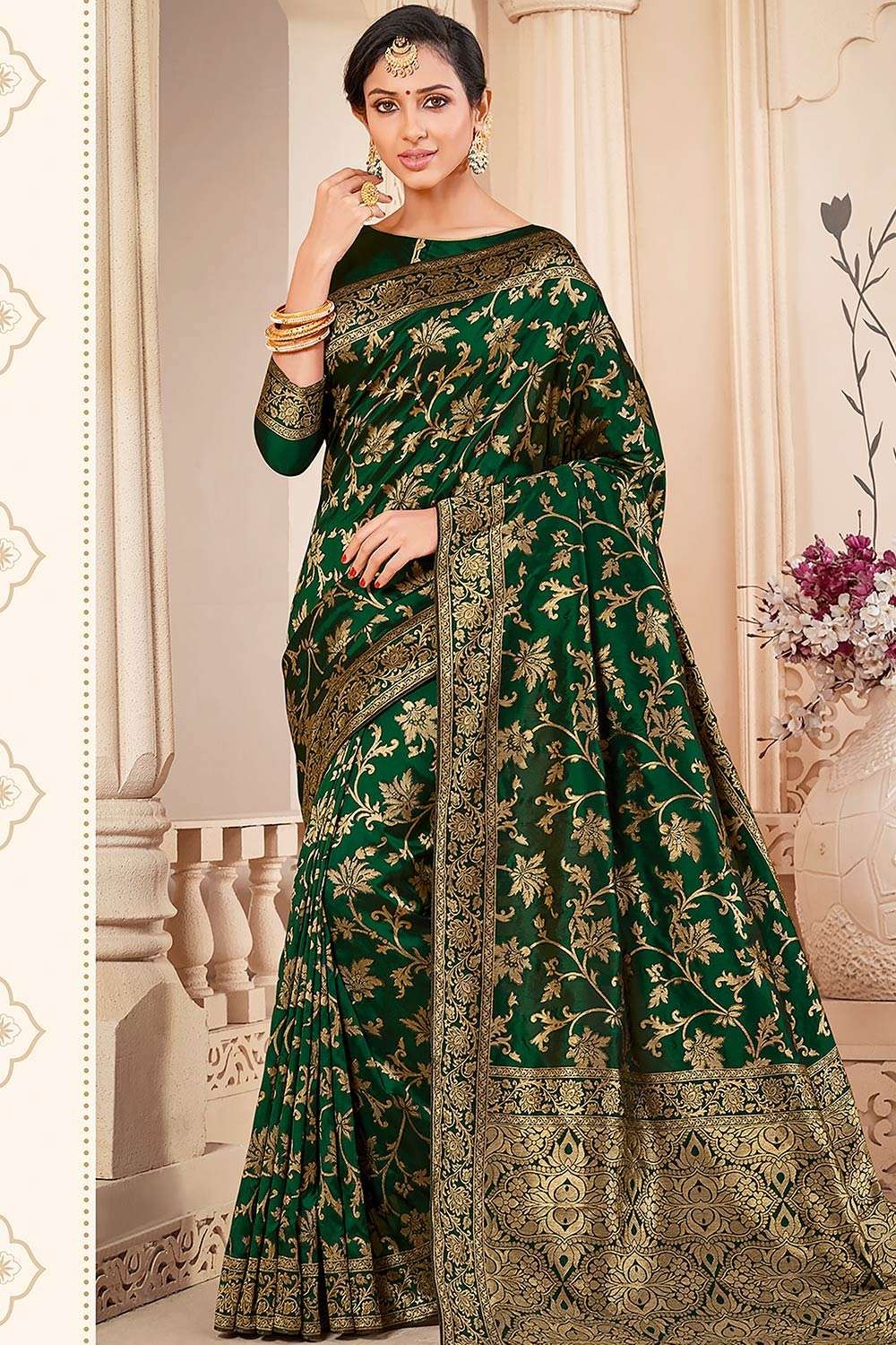 Weaving Banarasi silk Dark green Banarasi Saree with Blouse - SR24542