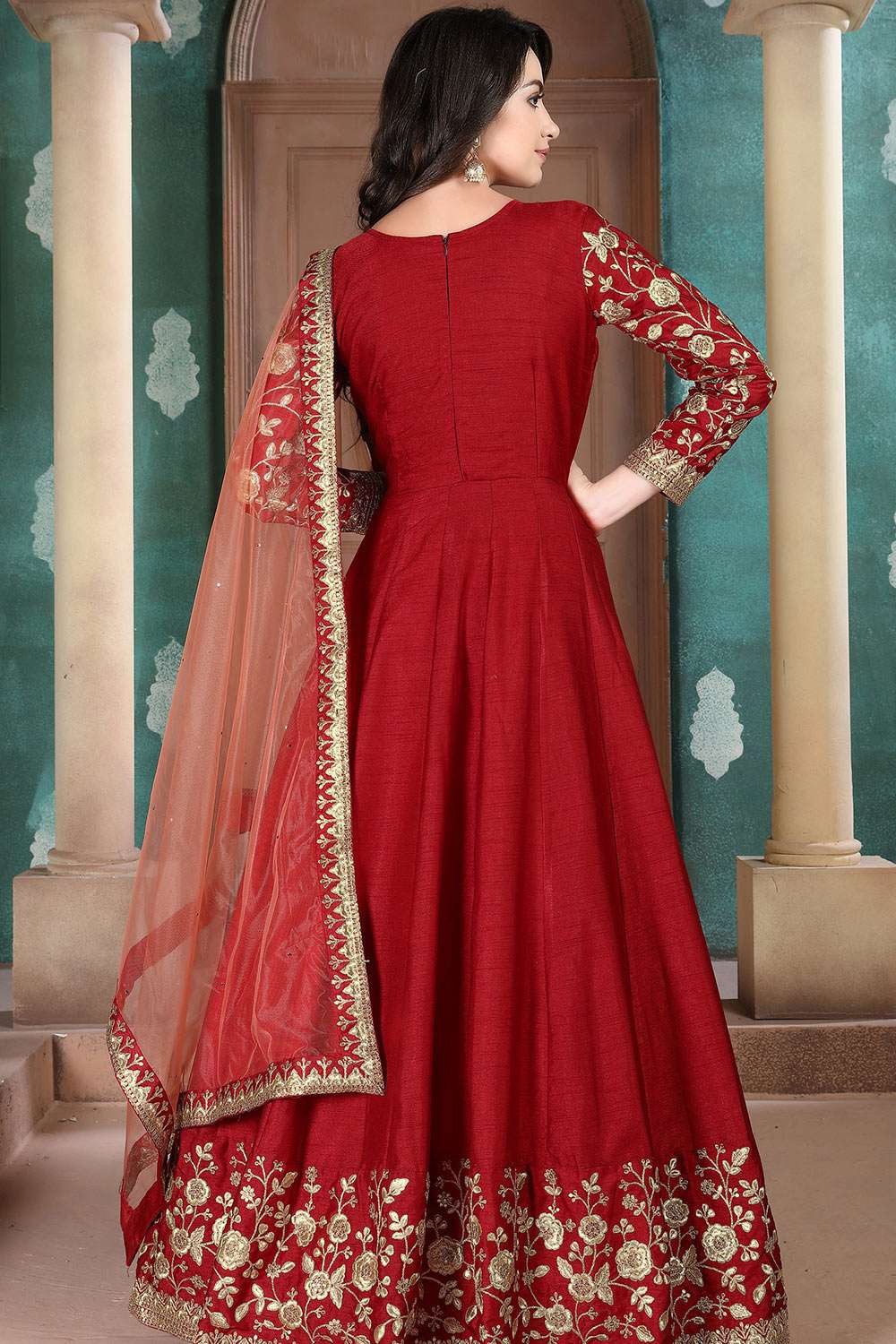 Buy Bridal Red Embroidered Flared Anarkali Suit In USA, UK, Canada,  Australia, Newzeland online