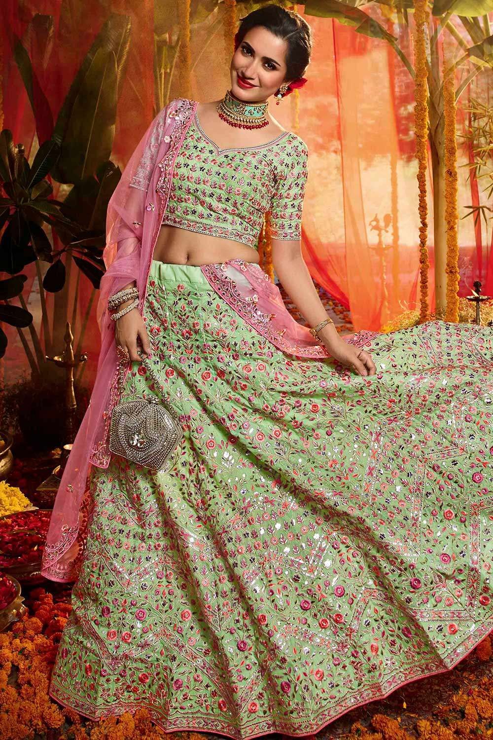 Rani pink blouse with sea green lehenga dupatta.. light and dark combo 😊😊  | Green lehenga, Lehenga dupatta, Lehenga choli