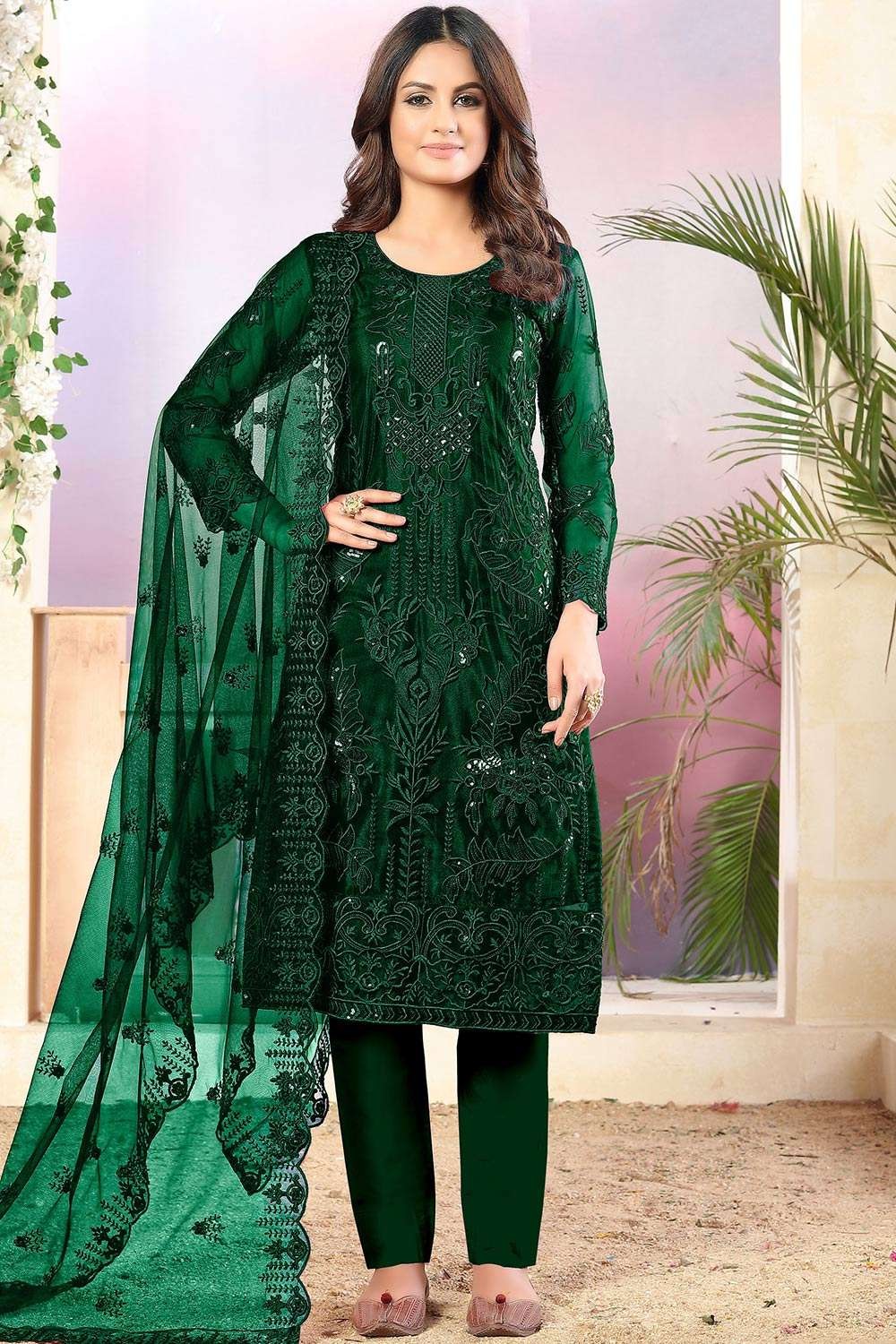 Silk Embroidered Green Salwar Kameez