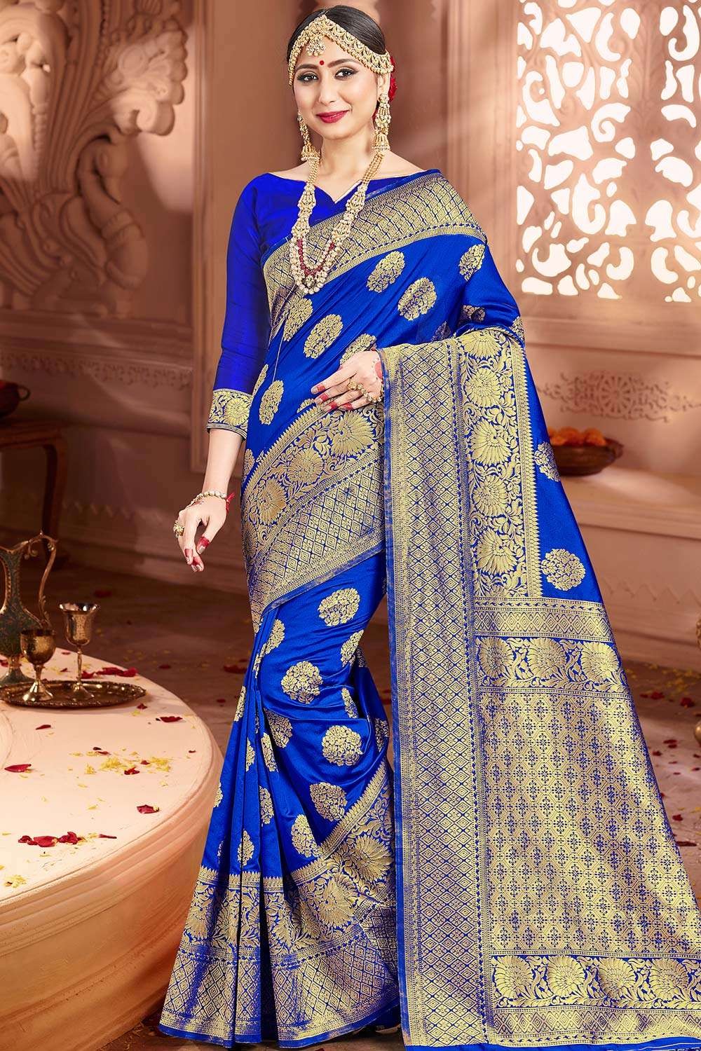 Grand Royal Blue Banarasi Inspired Handwoven Linen Saree - Loomfolks
