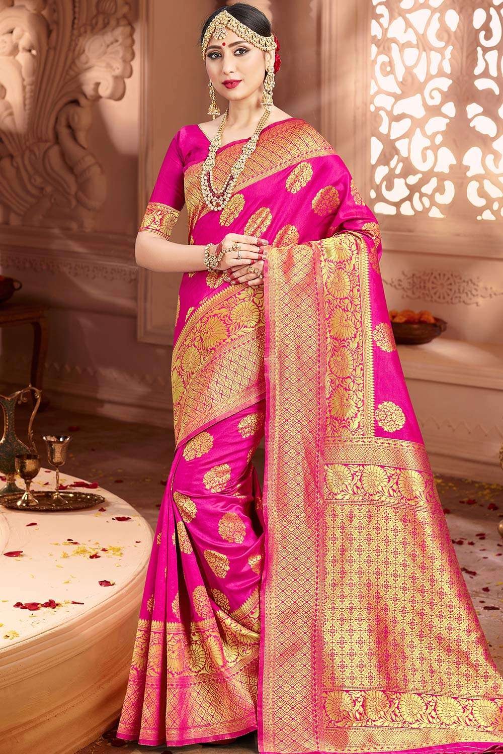 Rani Pink Pure Katan Silk Banarasi Saree With Pure Zari Kadhwa Jaal –  WeaverStory