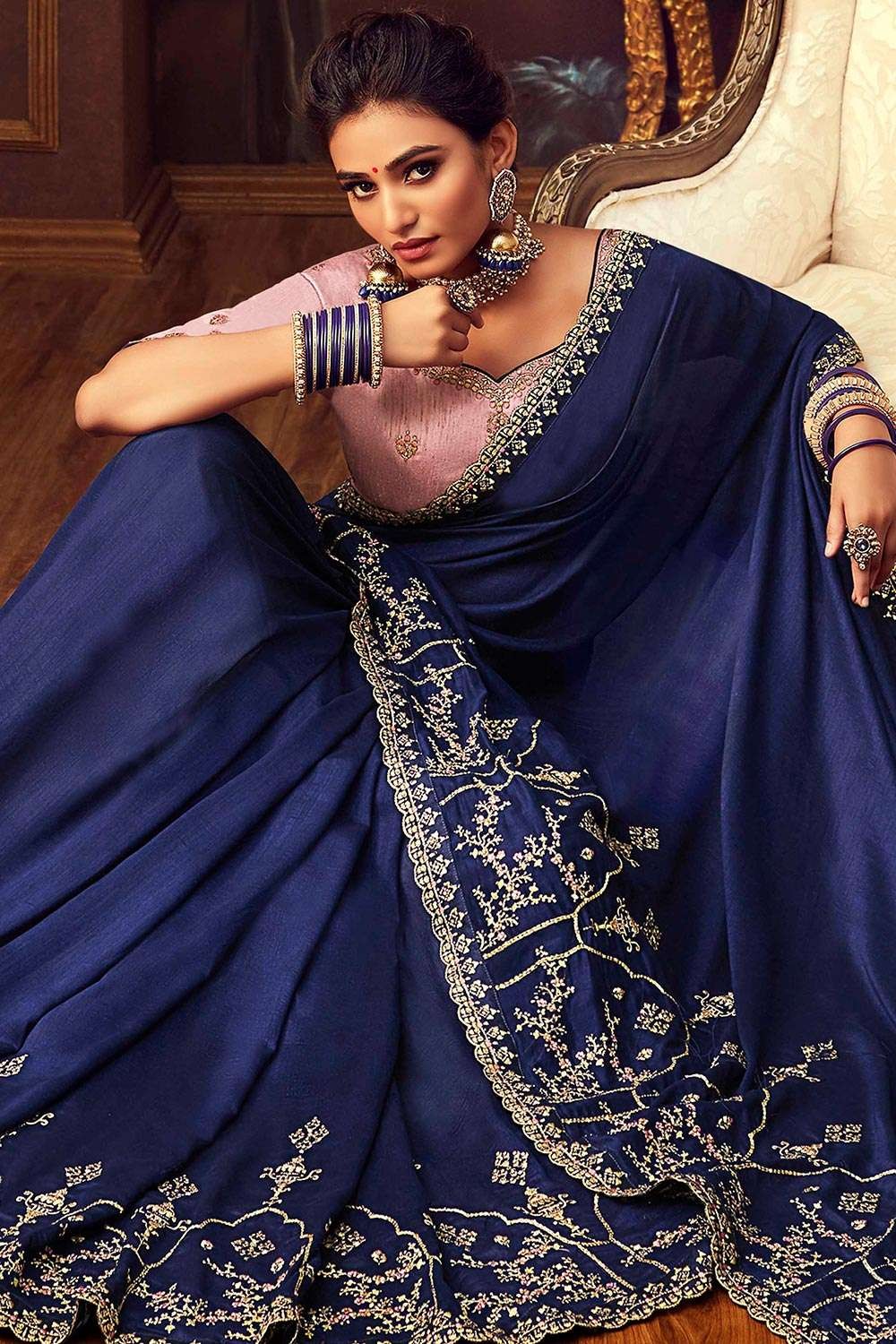 Party Wear Sarees : Blue georgette pleated partywear saree ...