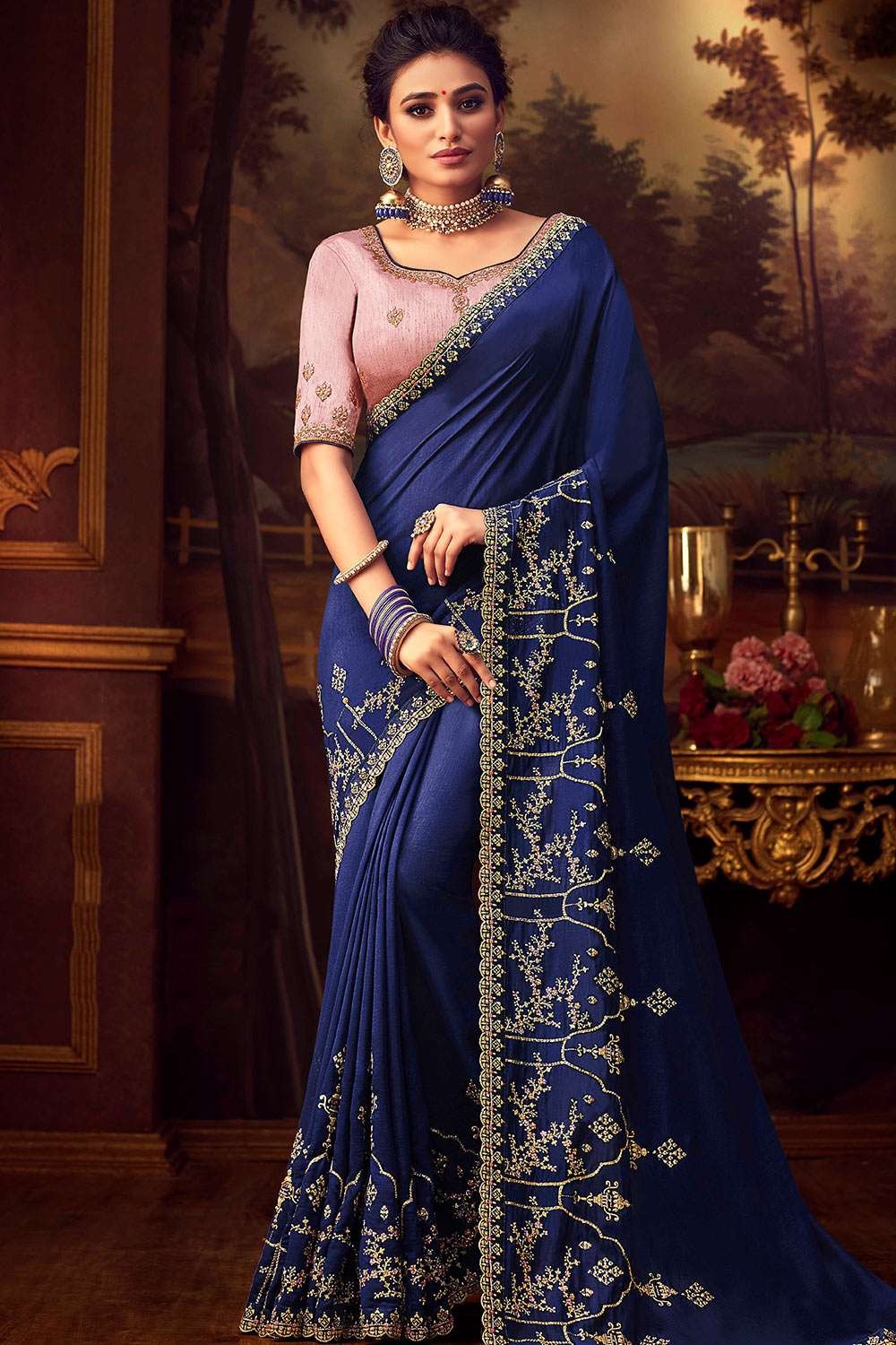 Elegant Georgette Royal Blue Party Wear Saree|SARV113606