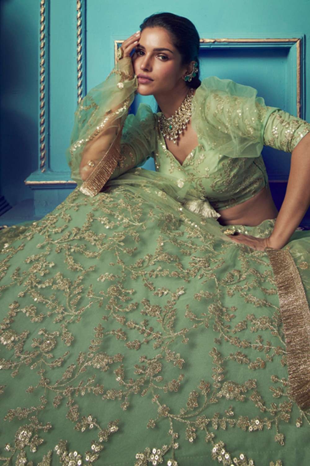 Online Shopping for Pleated Embroidered Green Colour Lehenga