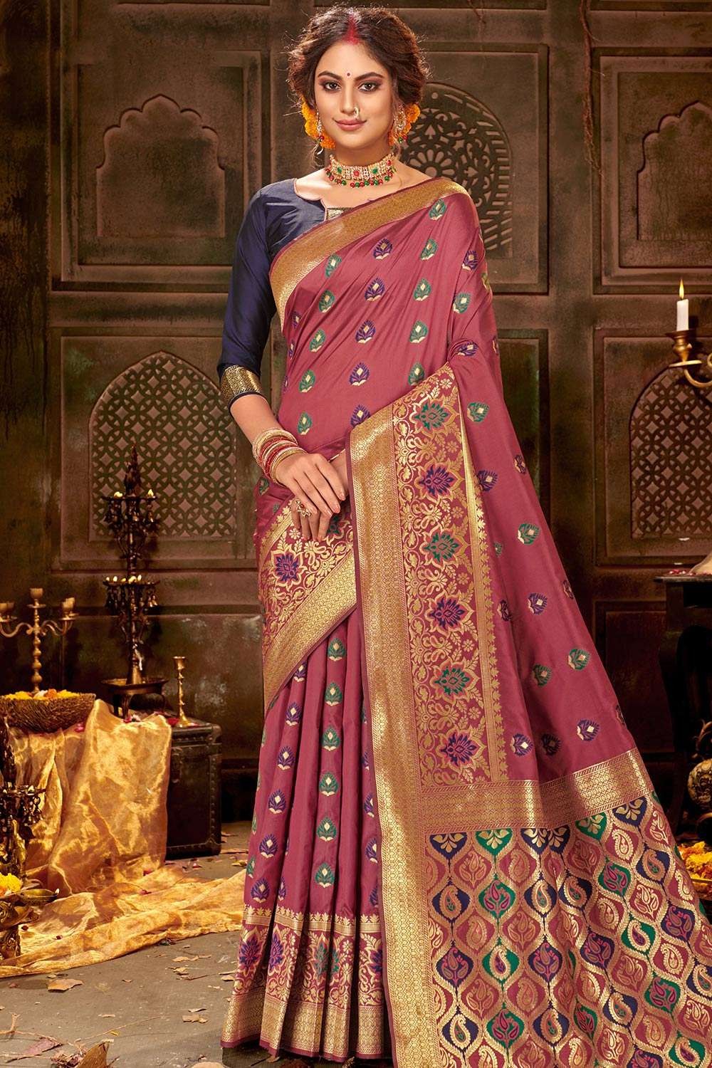 Onion pink embroidered organza saree with blouse - Lilots - 4122399