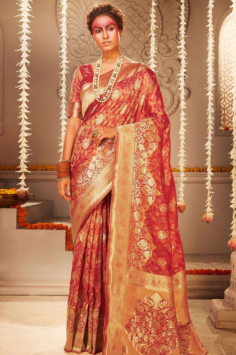 Buy Apricot Orange Zari Butta Banarasi Saree online-Karagiri