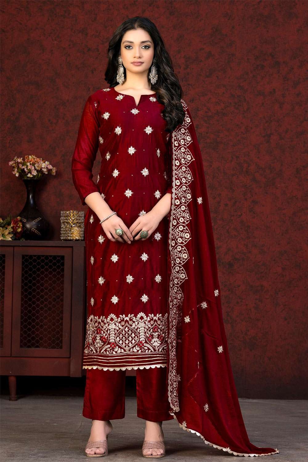 Buy UrbanStree Nura Red Designer Ethnic Wear Chanderi Suit Set For Women  Online