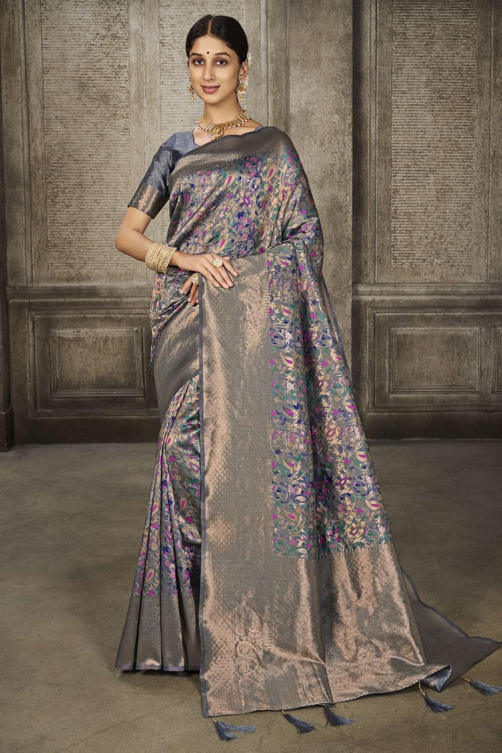 Gray Satin Silk Banarasi Saree - Urban Womania