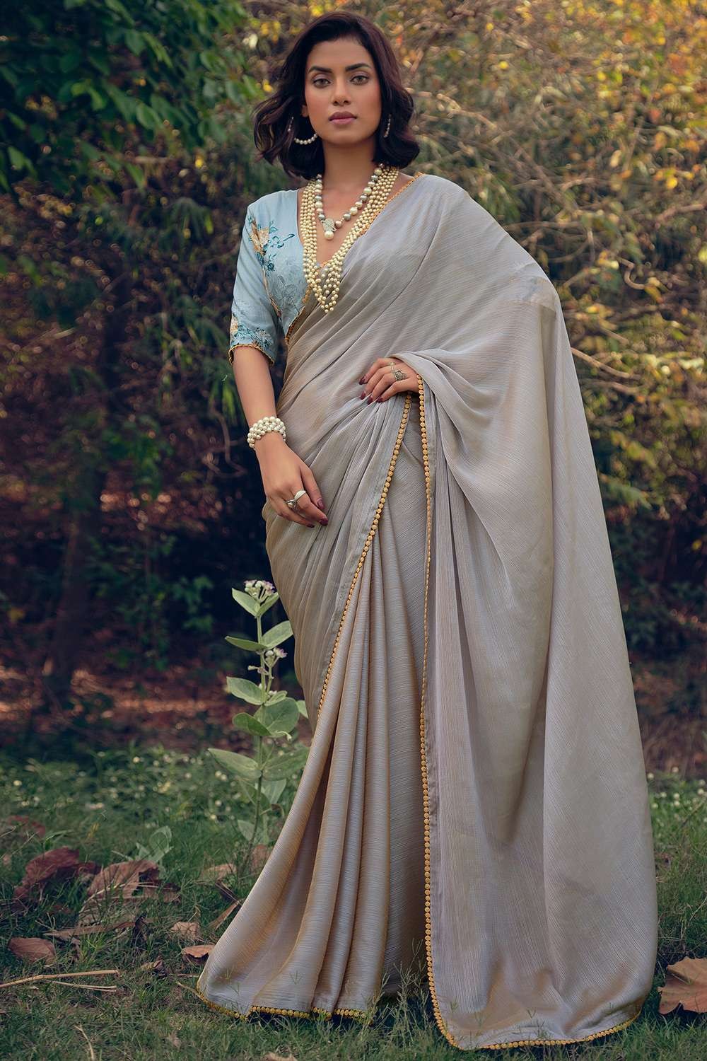 Wonderful Still Grey Embroidered Cutwork Tussar Silk Saree – WeaversIndia