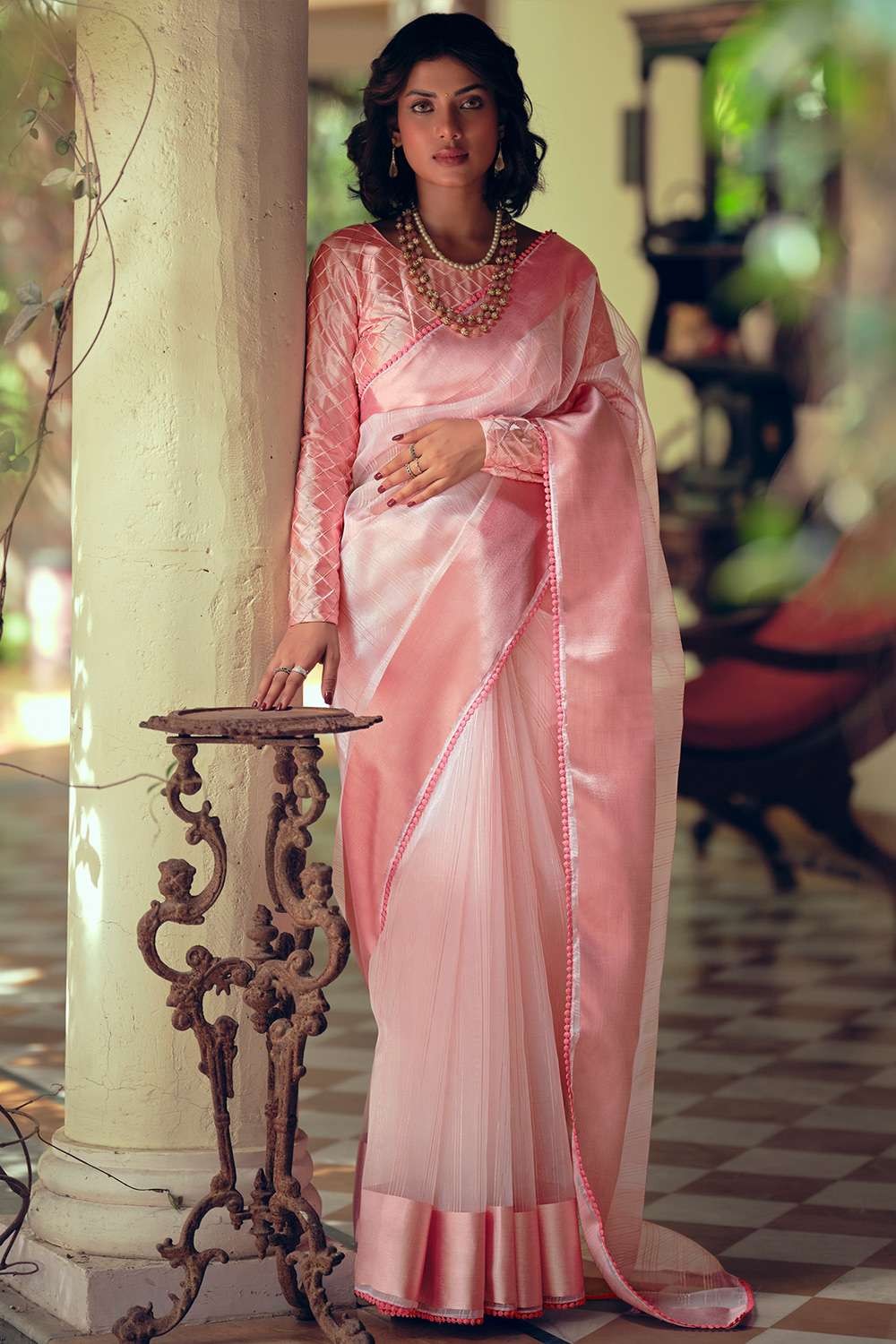 Lavender Pink Pure Organza Saree