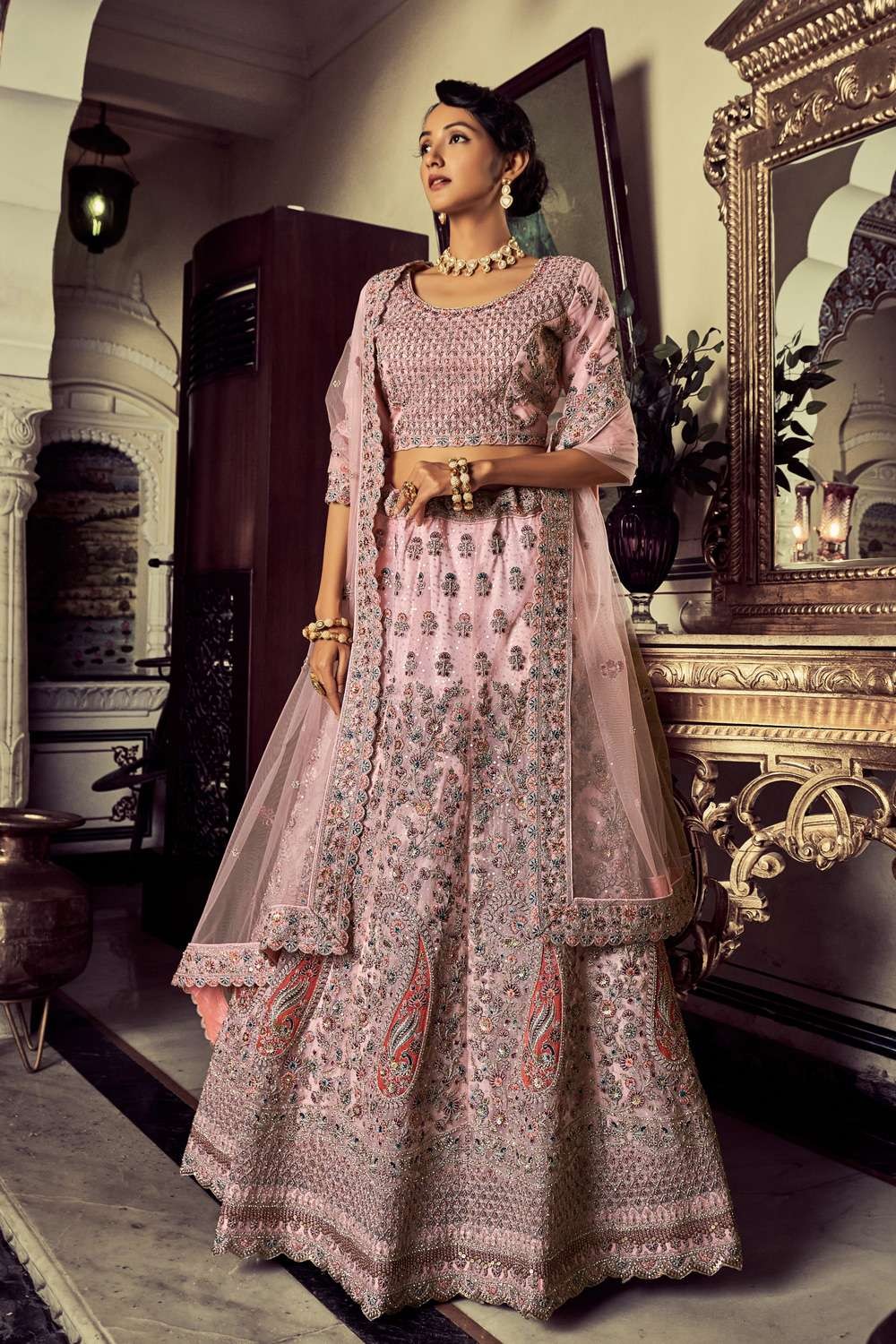 Embroidered Soft net Wedding Lehenga Choli in Pink with Dupatta UK - LC6885