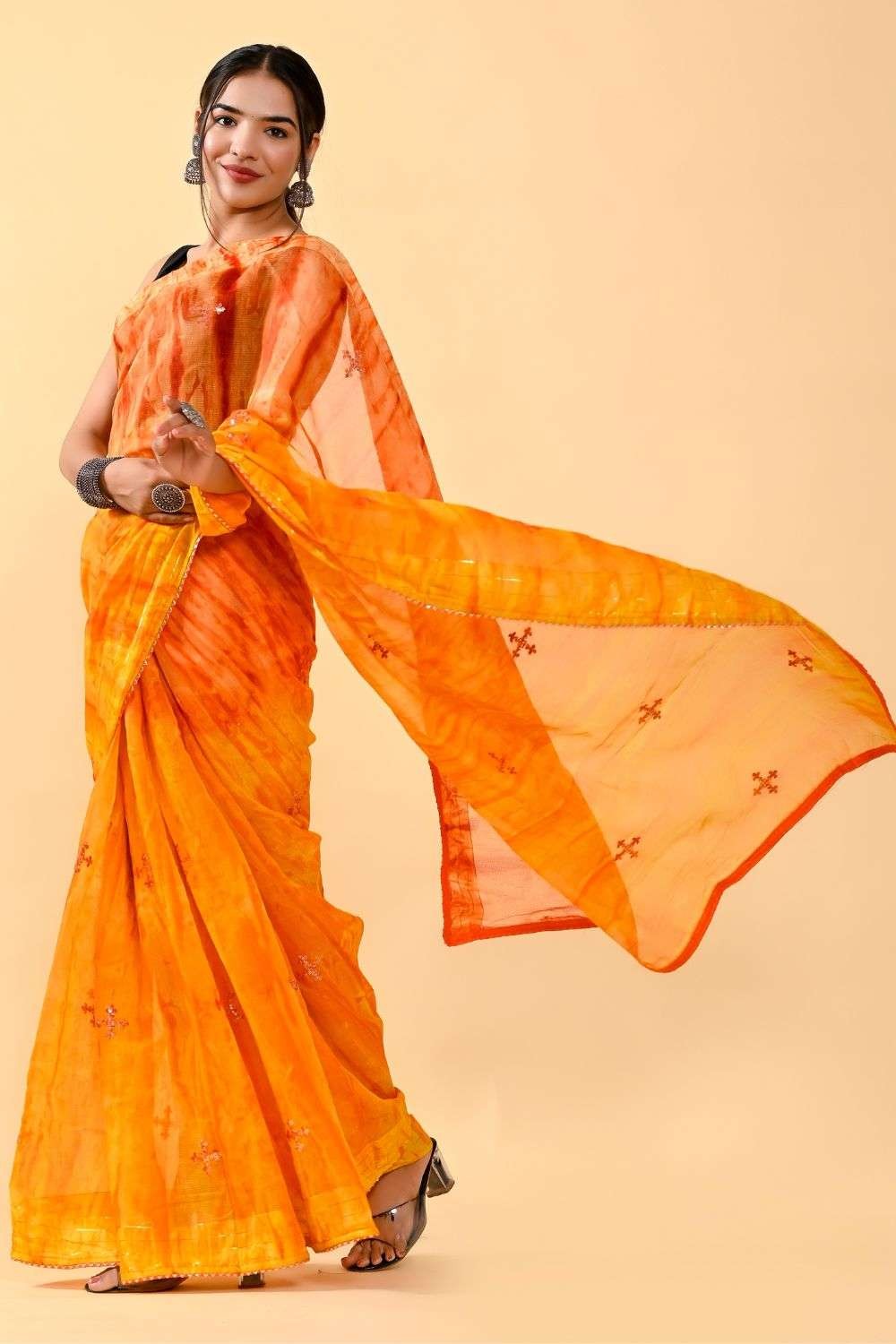 Vishal Prints Yellowish Orange Georgette Saree With Foil Print And Zar