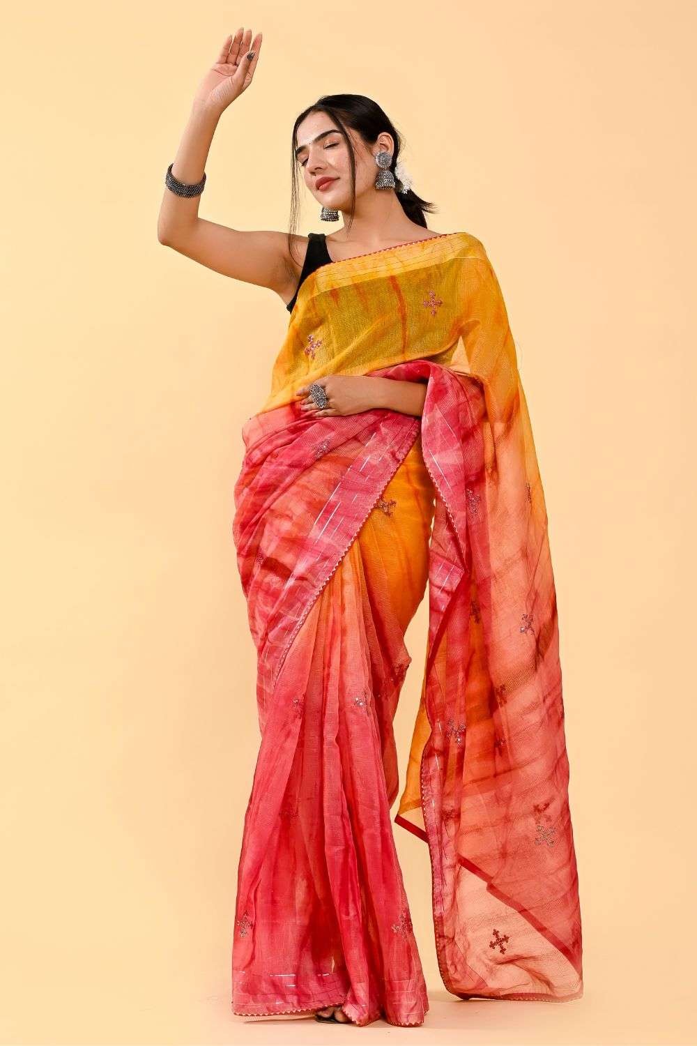 New premium and high quality , comfortable Bandhej silk drapes that is  super stylish and pretty surati fabric.Pure Bandhej silk saree made by  original Bandhej with zari weaving Border with bandhej Ric