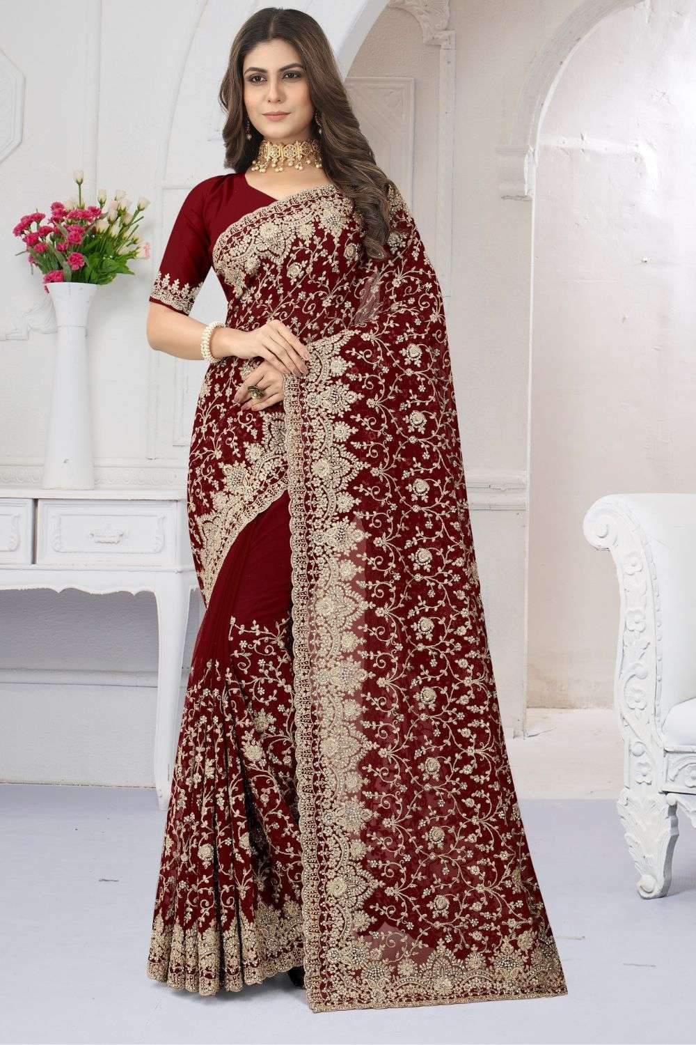 Charming Maroon Color Wedding Wear Silk Weave Saree With Fancy Half Sleeve  Blouse