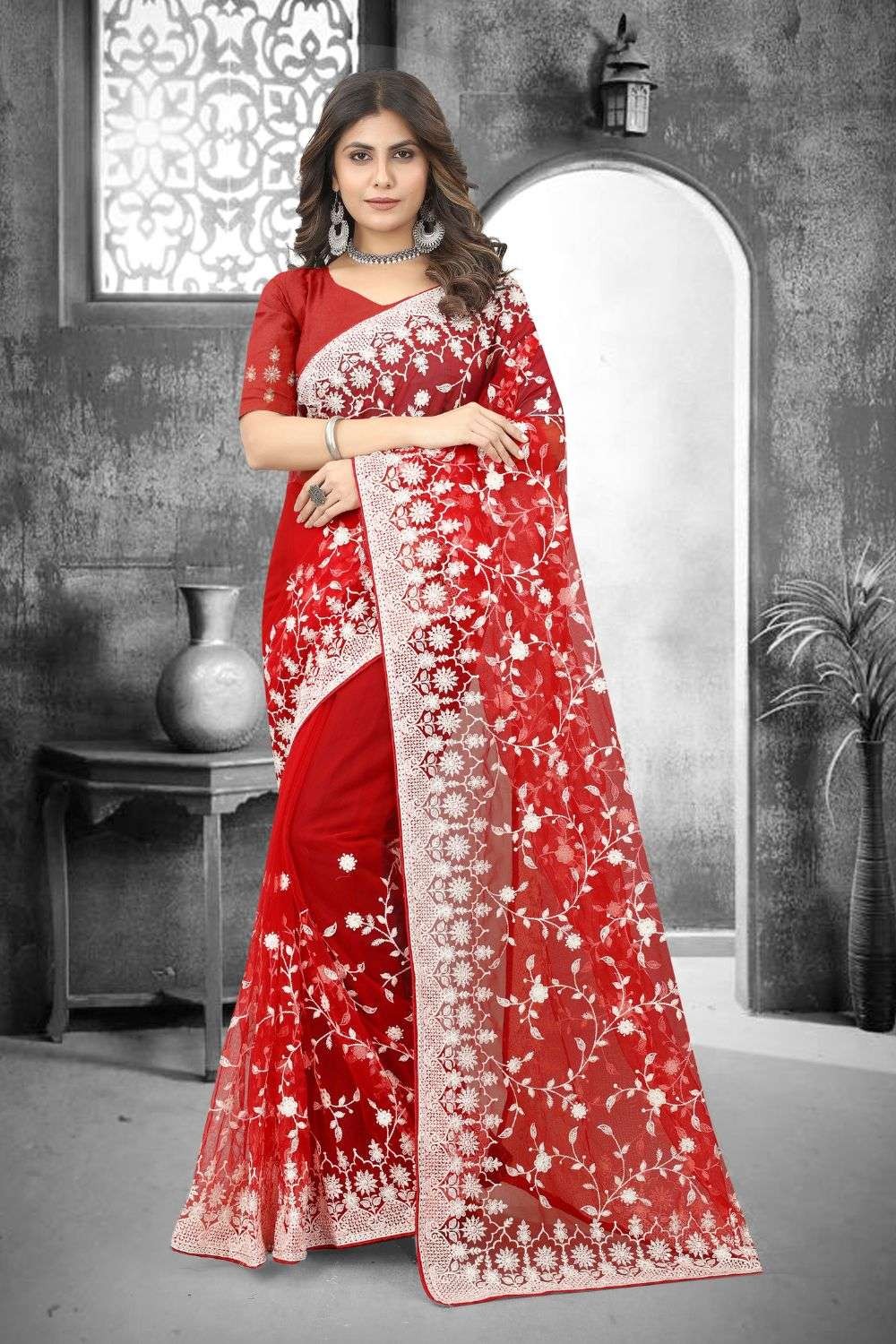 Embroidered Net Red Wedding Saree with Blouse - SR25118