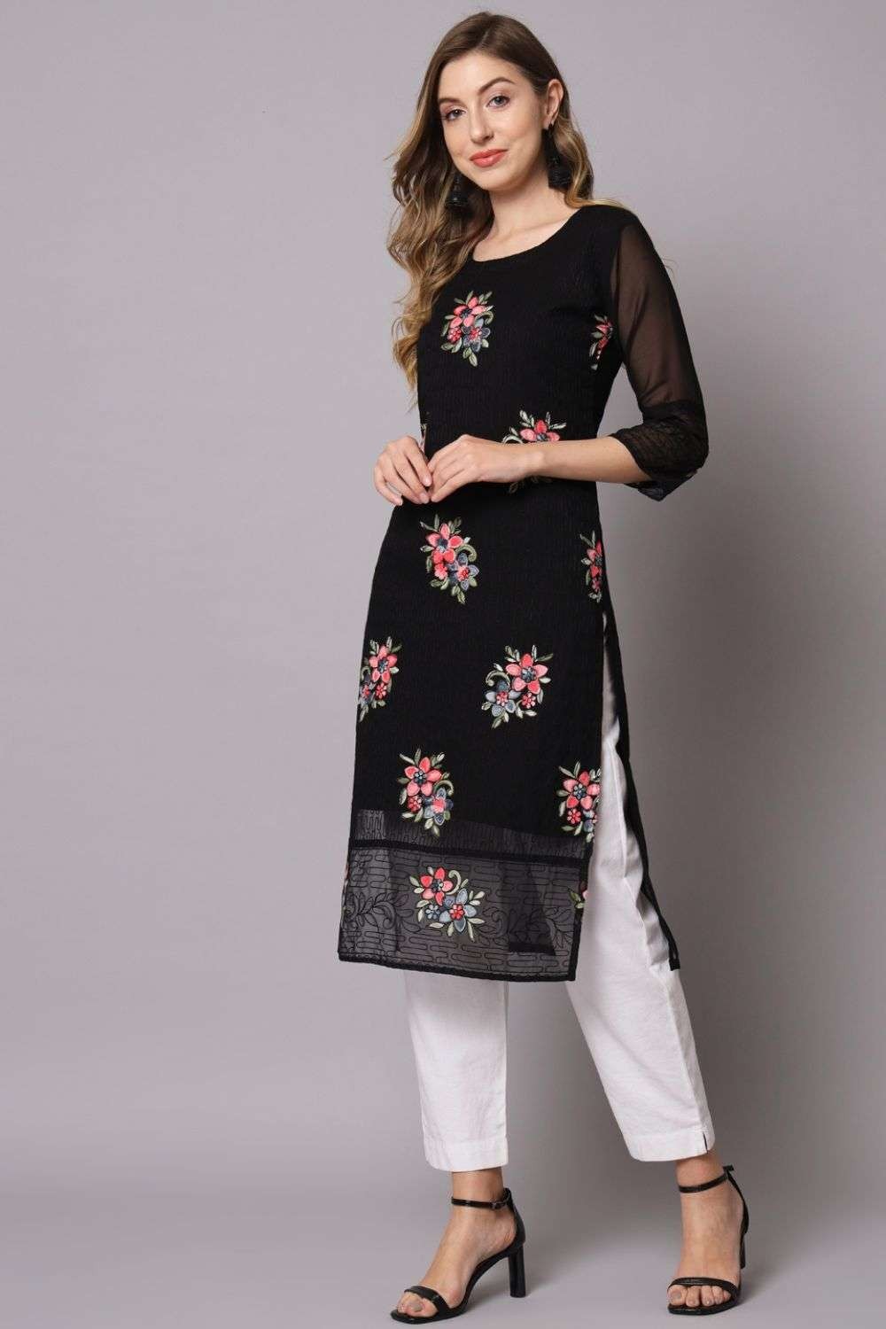 Black Straight Kurti in Georgette with Embroidered - KTI2098