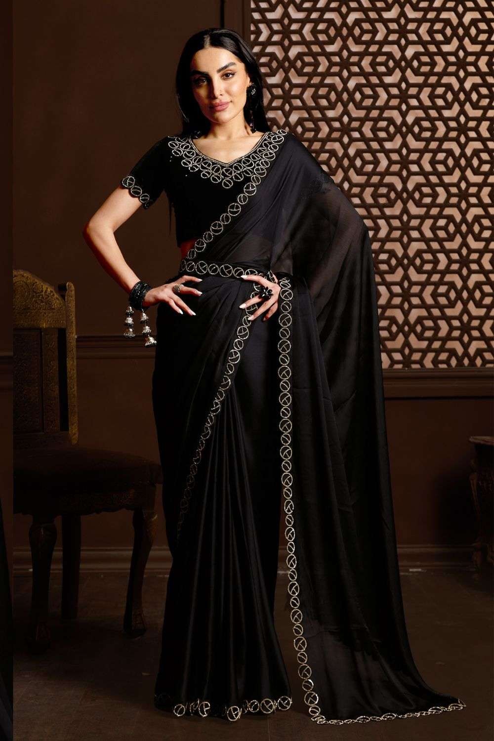 Buy Heer Fashion Traditional Wedding Party Bollywood Kanchipuram Lichi SIlk Black  Saree With Blouse Piece at Amazon.in